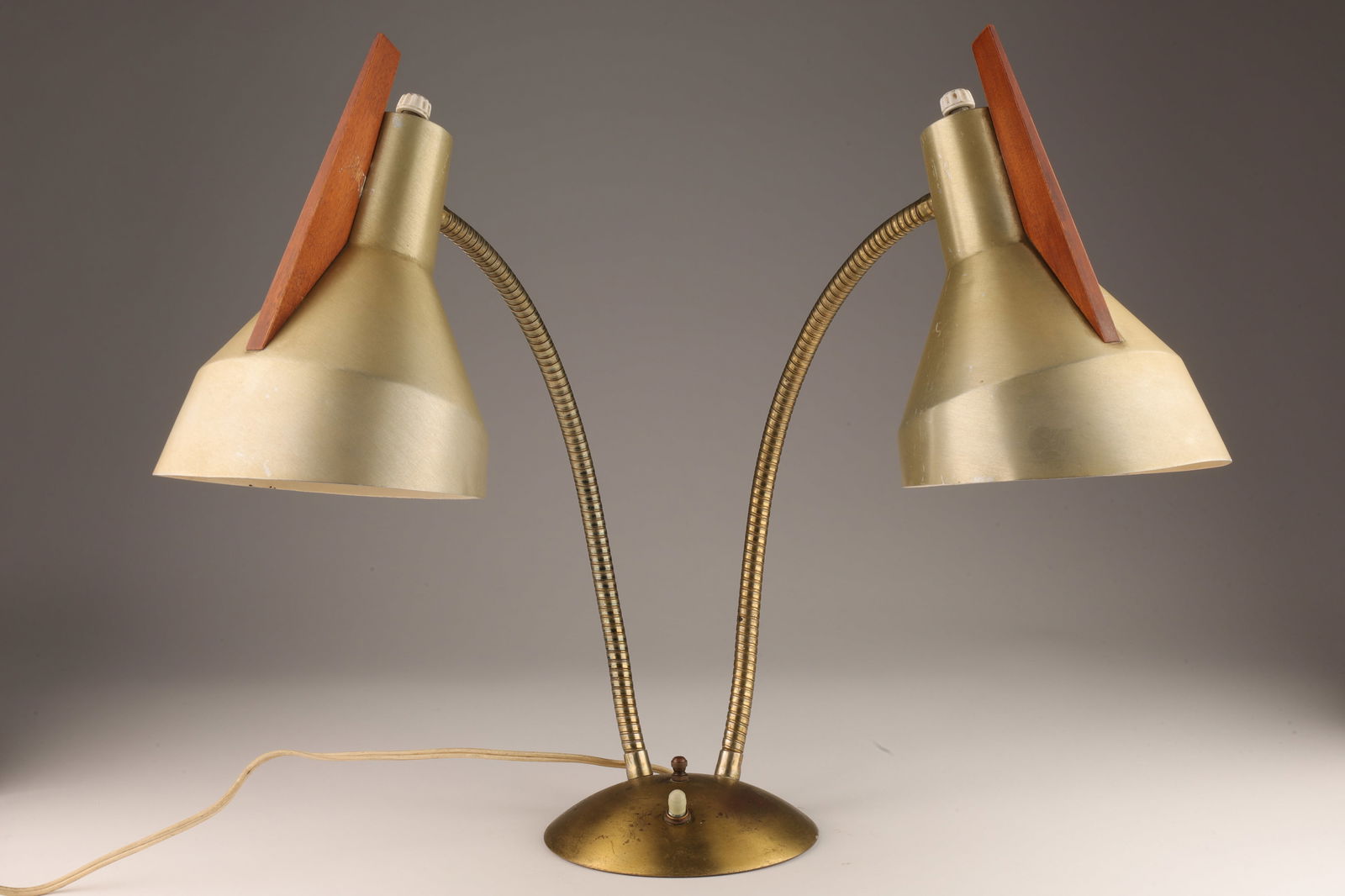 MCM Twin Gooseneck Teak and Brass Desk Lamp (1 of 6)