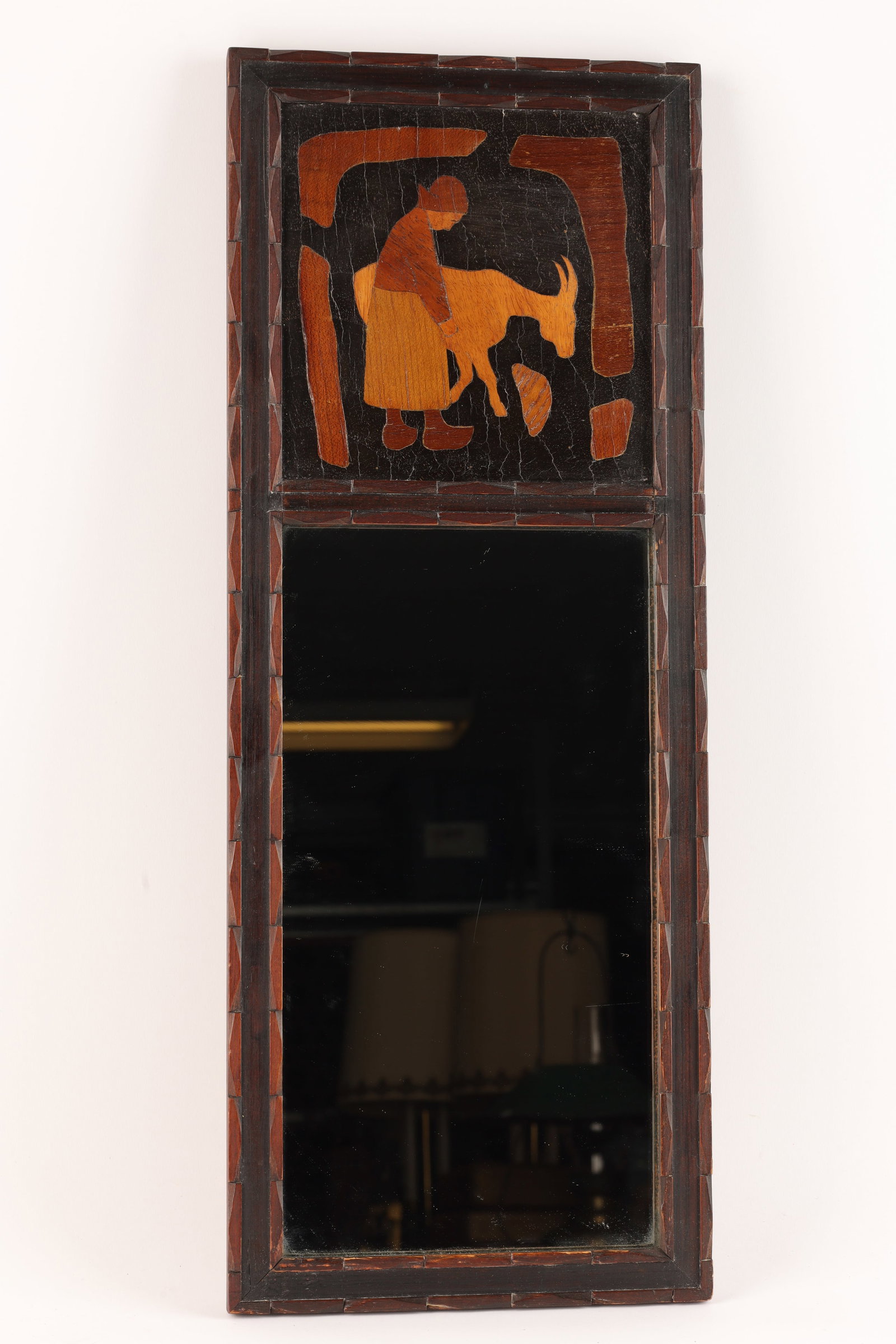 Albert James Rowley Inlaid Marquetry Wall Mirror: Albert James Rowley (British 1899-1931) Inlaid Marquetry Wall Mirror, Woman with goat. 20 inches H x 8 W. With original paper label on verso.