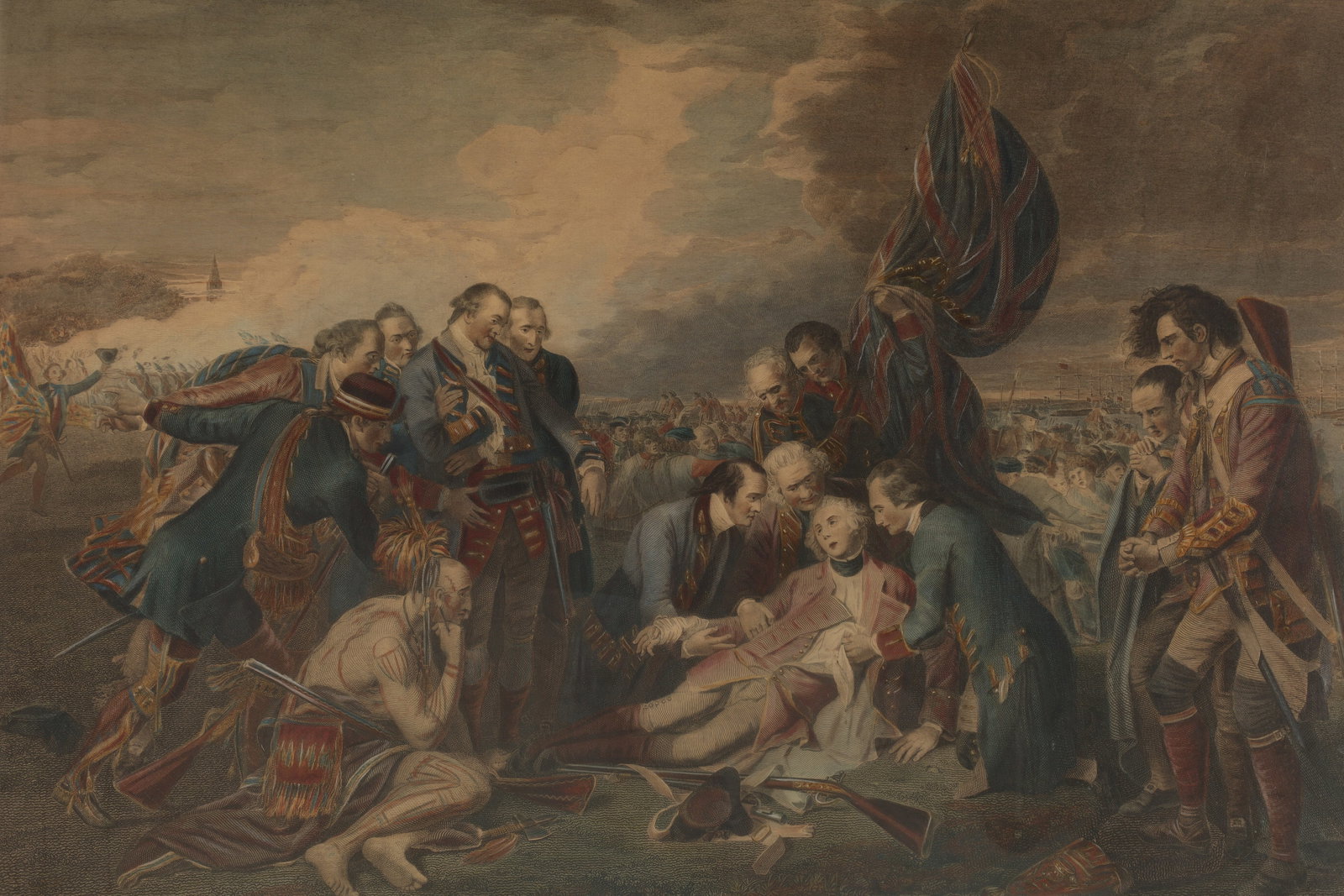 William Woollett Coloured Engraving Death of Wolf: William Woollett (England, 1735-1785) Coloured Engraving after Benjamin West (United States, England, 1738-1820), The Death of General Wolfe. 19 inches H x 24 W within matting, frame measures 27 x 32.