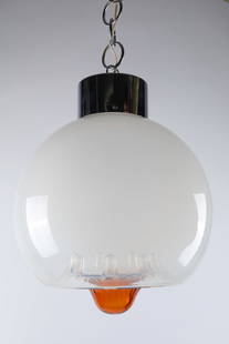 1960s Carlo Nason Mazzega Murano Pendant Light: 1960s Carlo Nason Mazzega Murano Glass Pendant Hanging Light Fixture. Globe measures 16 inches L x 12 W including cup. Chain is loooong.