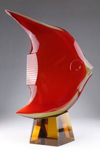 Large Italian Murano Glass Art Fish Flavio Poli: Large Italian Murano Glass Art Fish Sculpture Attributed to Flavio Poli. Small chip to amber base. 24 inches H x 17 W x 6 deep. Unsigned.