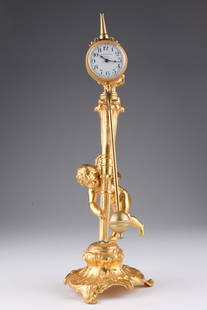 Art Nouveau Gilt Oscillator 8 Day Swing Arm Clock: Rare Art Nouveau Gilt Oscillator 8 Day Swing Arm Clock. Decorated with a cherub supporting the watch stand. 11 inches H x 5 W. Working. Some breaks to dial, damage to base, please see photos. No key.