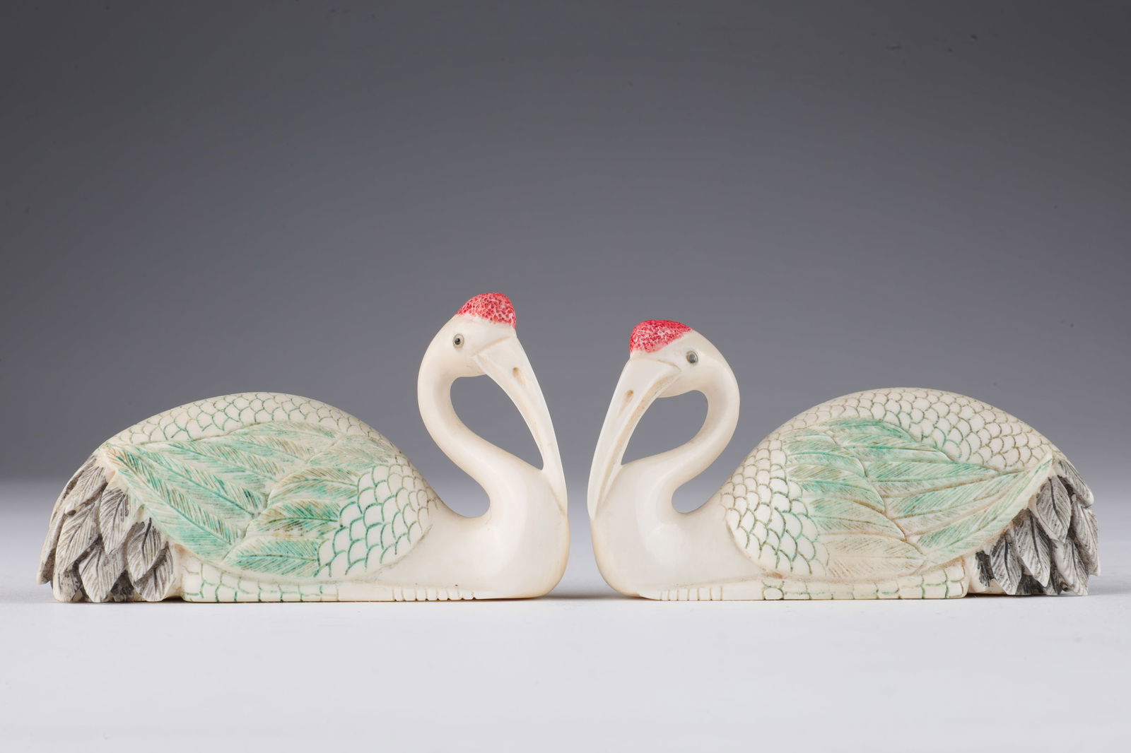 Pair Antique Carved Japanese Netsukes, Cranes (1 of 13)