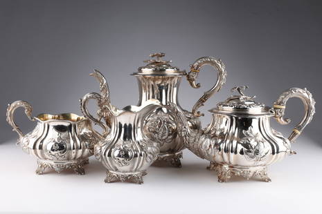 London 1836 4 Pc Sterling Vermeil Tea Set Service: Hallmarked London 1836 John, Henry and Charles Lias 4 Pc Sterling and Vermeil Tea Coffee Set Service. Decorated with botanical / floral arrangements, monogrammed DR. 2848 grams total weight, coffee po