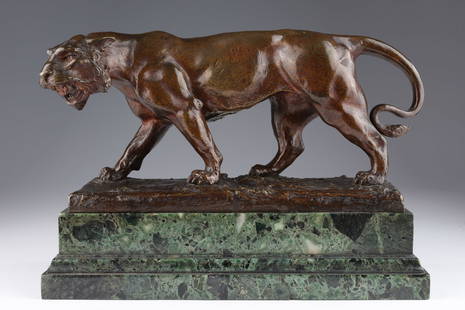 Signed Paul Philippe (French) Bronze Prowling Lion: Signed Paul Philippe (French 1870-1930) Bronze Prowling Lion. Signed on base, foundry marks on rear edge. Mounted to green marble plinth. Bronze measures 5 inches H x 11 L x 3.5 deep, with marble plin