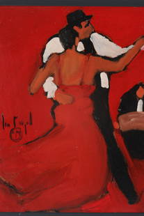 Jorge Luis Alio Acrylic on Board Tango Dancers: Jorge Luis Alio (Argentina, b. 1967) Acrylic on Board, Expressionist Tango Dancers in Red. Signed on centre left, inscribed and signed (illegible) on back of panel. Board measures 12 inches H x 9.25 W