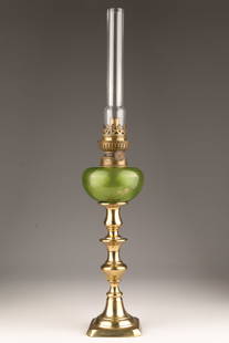 Victorian Brass Green Glass Banquet Kerosene Lamp: Victorian Brass and Green Glass Banquet Kerosene Oil Lamp. 20 inches H with shade, 14 inches H without shade.