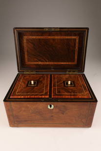 Regency English Burl Walnut Inlaid Tea Caddy: Regency English burl walnut antique tea caddy, the body inlaid with a satinwood and ebony ladder border and mother of pearl inlay escutcheon and inlay on lid, circa early 19th century. 5 H x 9 W x 6 i