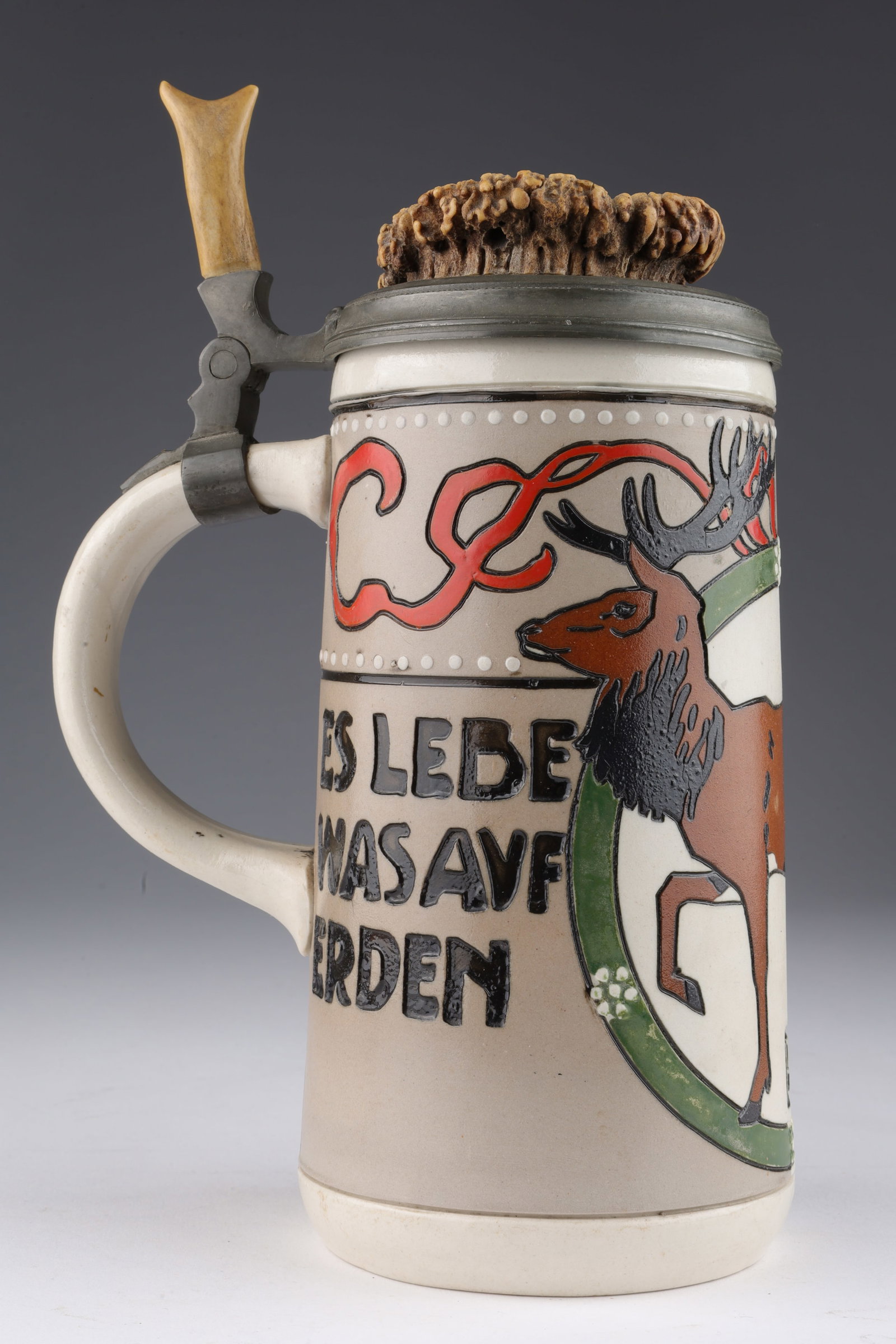 Rare Mettlach Germany Stein, Carved Antler Pieces (1 of 7)