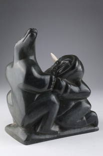 Inuit Carved Soapstone Sculpture Hunter Polar Bear: Inuit Carved Soapstone Sculpture of a Hunter and Polar Bear. Signed and numbered on base. Measures 8.25 inches H x 7.25 W.