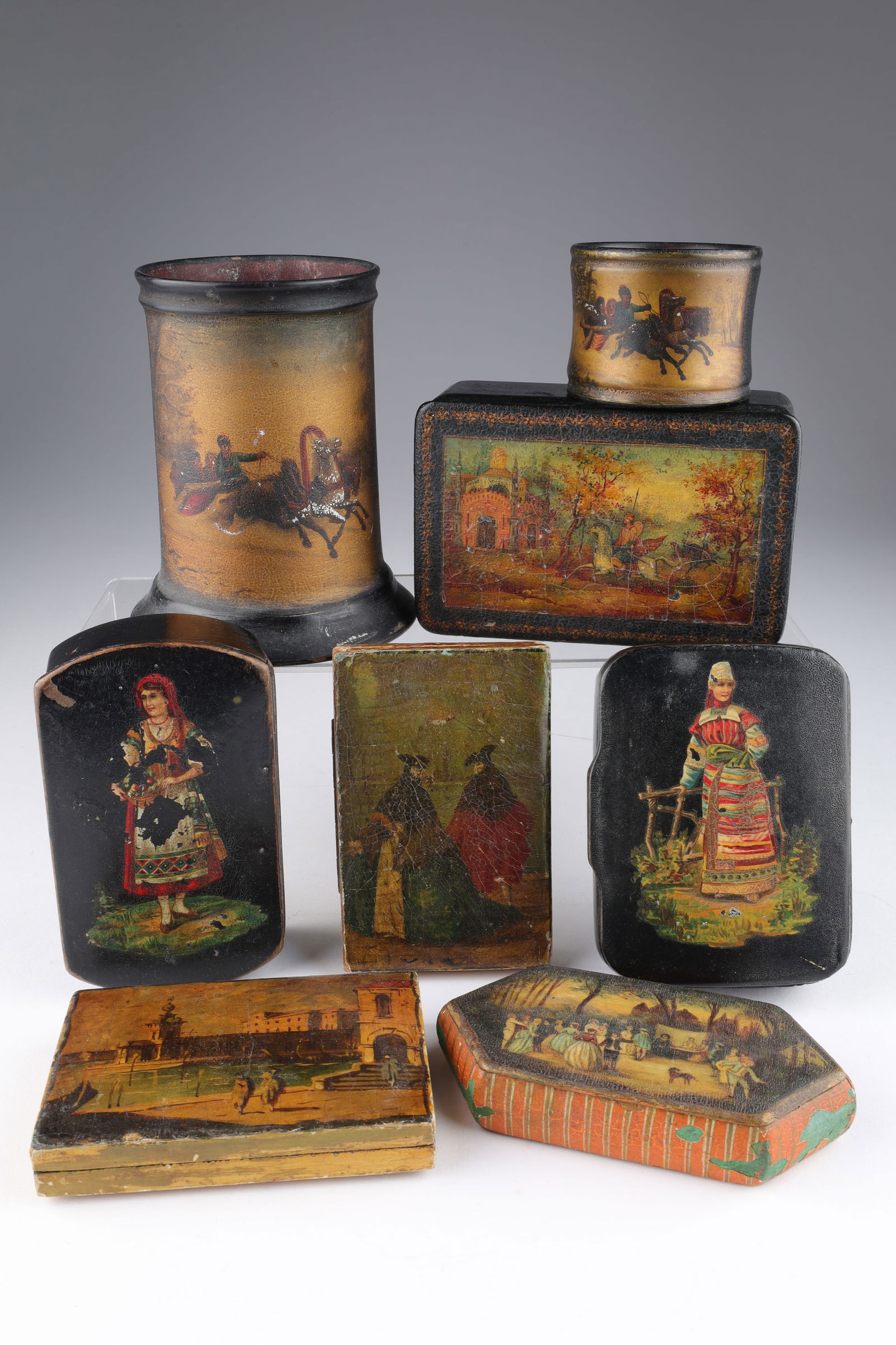 Lot of 7 Antique Painted Lacquer Boxes / Items (1 of 7)