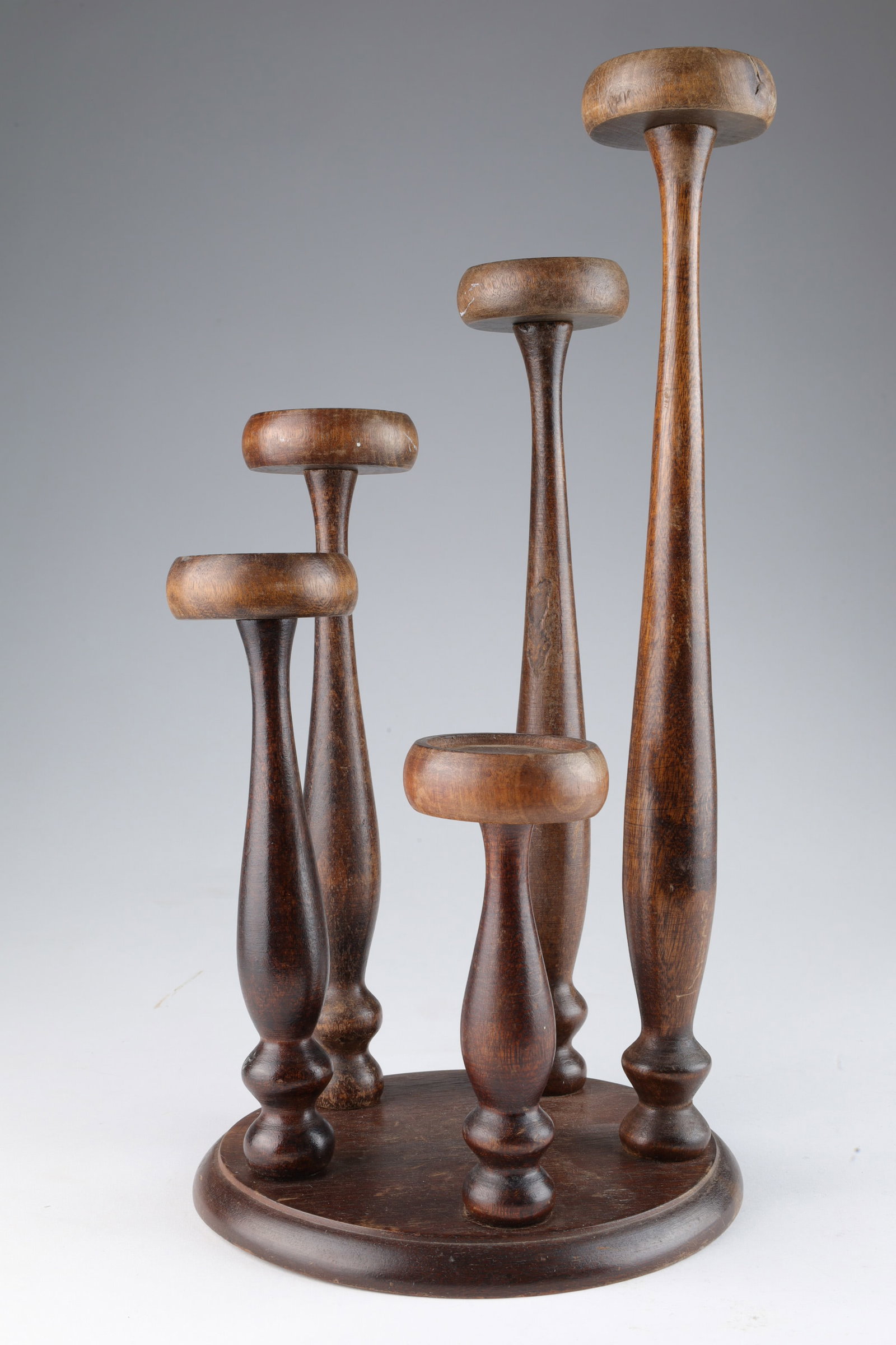 MCM Turned Wood Tiered 5 Light Candelabra: Mid Century Modern Turned Wood Tiered 5 Light Candelabra. 14 inches H x 7 W.