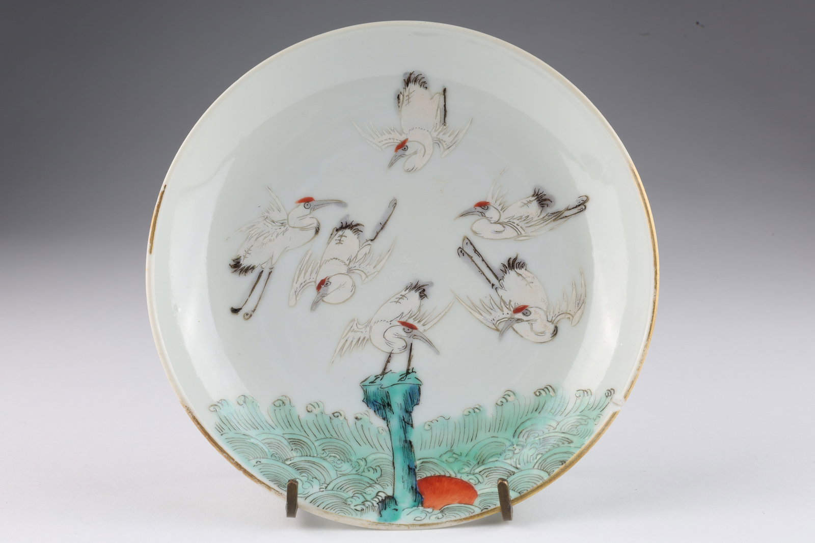 Signed Antique Chinese Cranes Plate: Signed Antique Chinese Cranes Plate. Chip to edge of plate. 5.5 inches diameter