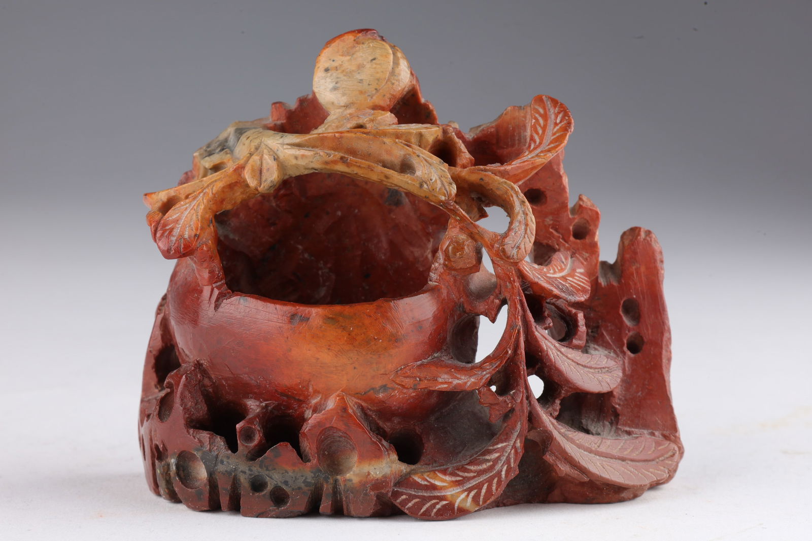 Chinese Carved Shoushan Soapstone Brush Pot: Chinese Carved Shoushan Soapstone Brush Pot. 3.5 x 1.5 x 3 inches H.