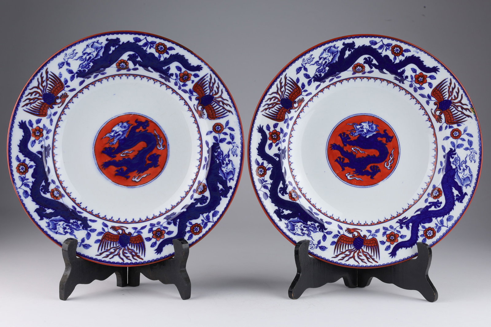 Pair Antique Minton Chinese Dragon Bird Plates: Pair Antique Minton Chinese Dragon and Bird Plates. 10.25 inches diameter.