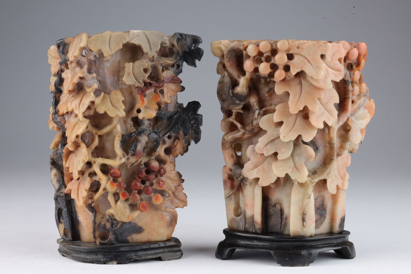 Lot of Chinese Soapstone Carved Brush Pots: Lot of Chinese Soapstone Carved Brush Pots on Stone Stands. 5 inches H.