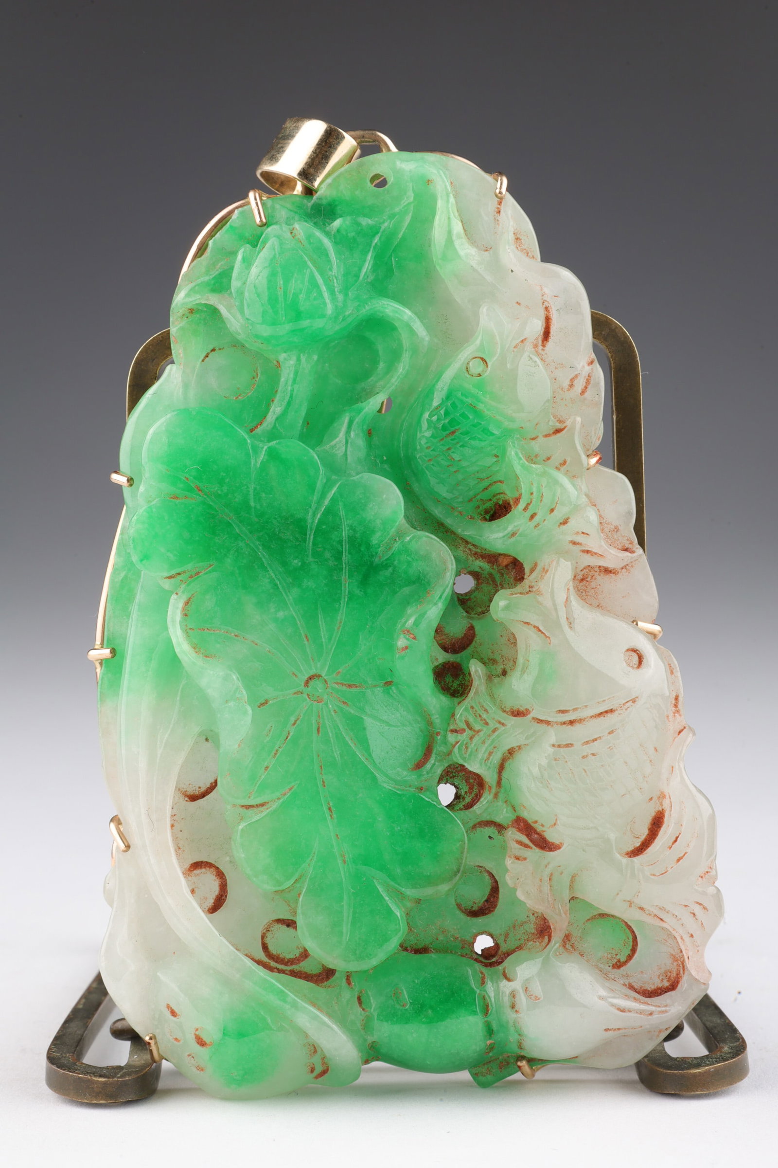 Chinese Large White Jade 14KT Gold Carved Pendant: Large Chinese hand carved white jade pendant showing koi fish floral design on one side and symbols on the reverse side, set in a 14KT (acid tested) frame with large loop for hanging from a chain. 4 i