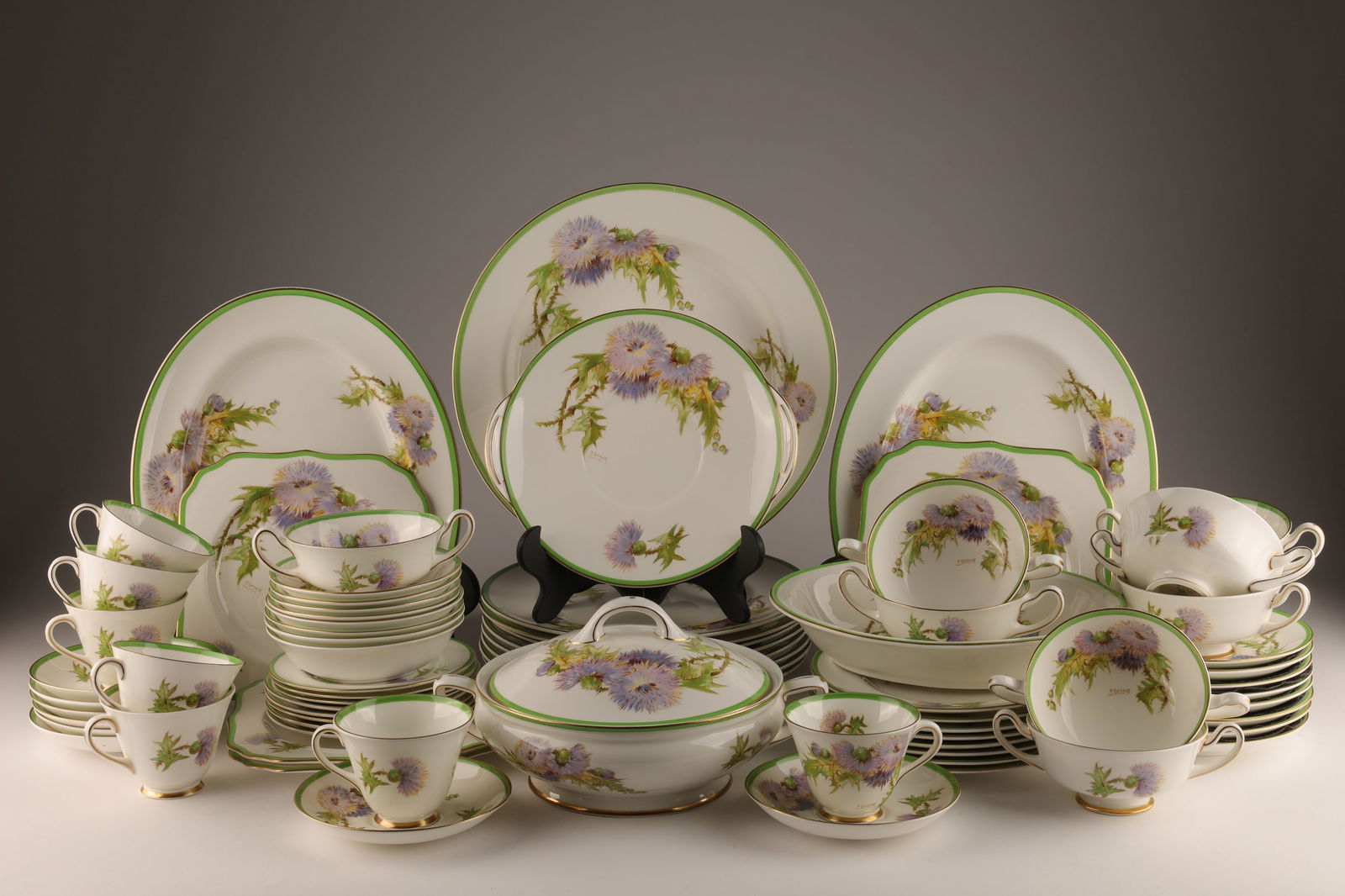 Royal Doulton Glamis Thistle Dish Service for 8: 75 pcs Royal Doulton Glamis Thistle Dish Set, Service for 8. 8 dinner plates measure 10.5 inches diameter; 8 side plates; 8 low bowls; 8 bouillon cups and saucers; 8 teacups and saucers; 4 sandwich pl