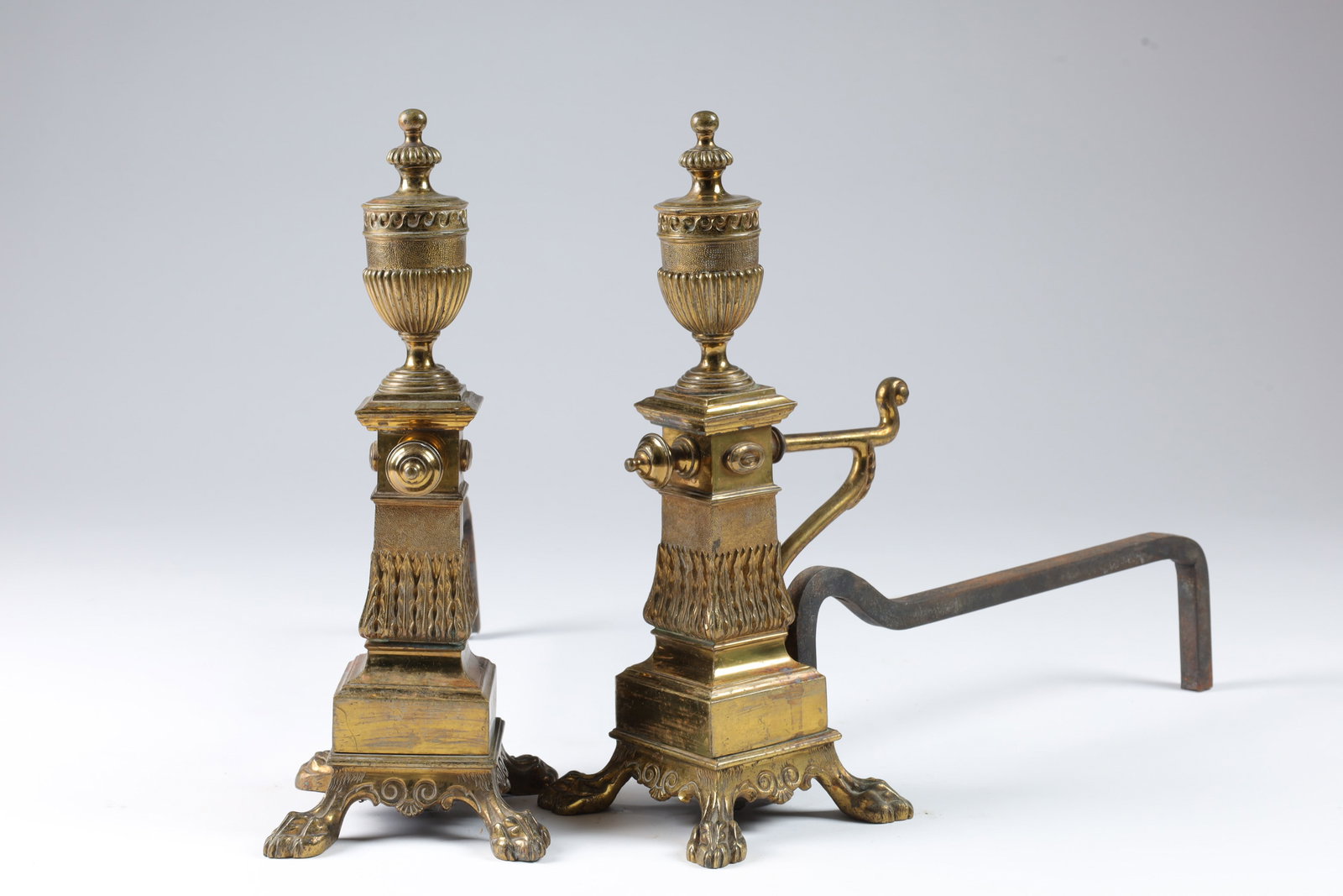 Antique Brass American Federal Urn Top Andirons: Pair of Antique Brass American Federal Urn Top Andirons. 16 inches H x 20 deep x 6 W.