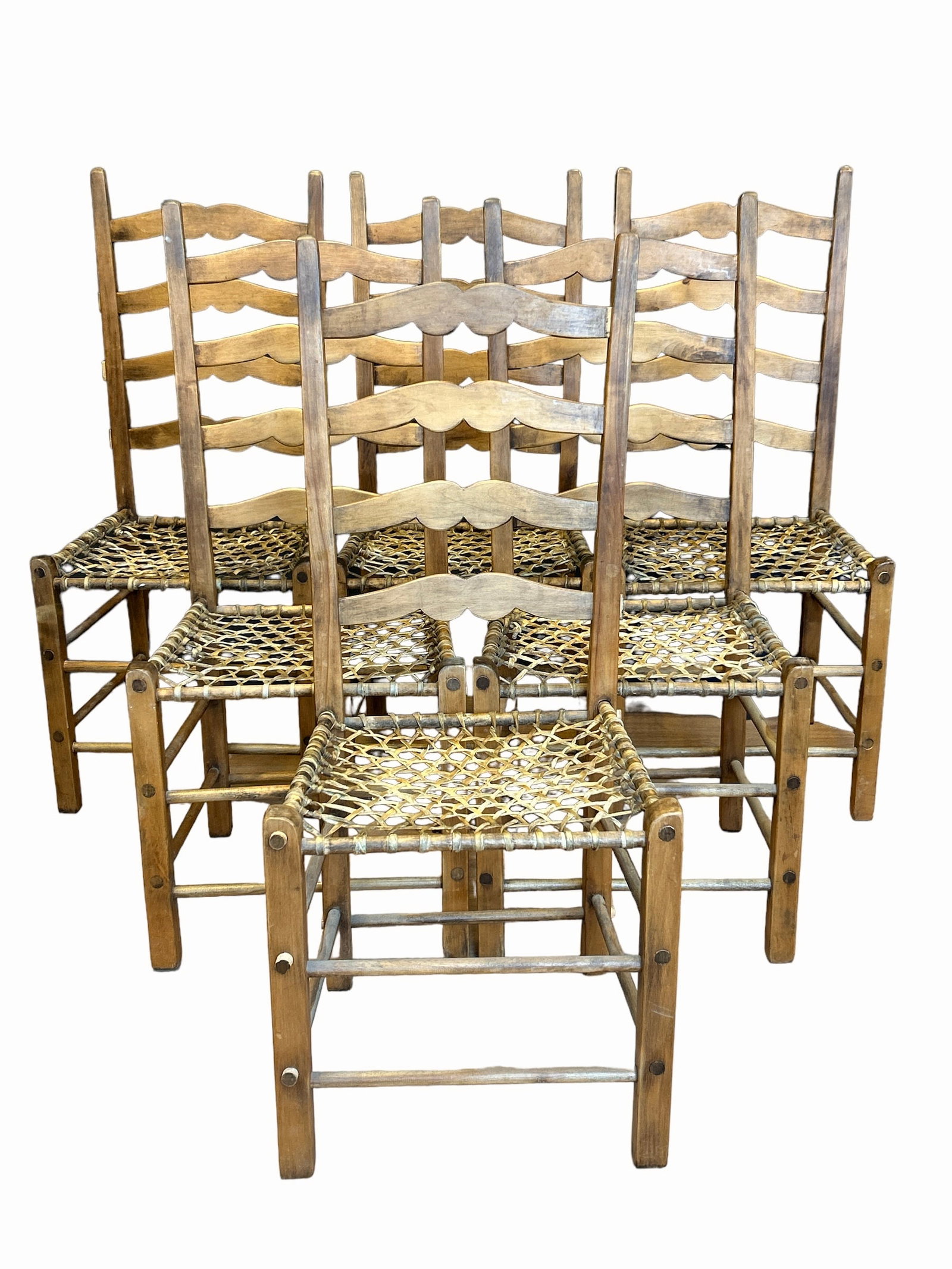 Quebec Country Pine Ladder Back Babiche Chairs: Set of 6 Quebec Country Pine Ladder Back Babiche Rawhide Chairs A La Capucine. 42 inches H x 19 W x 17 deep, seat height 19 inches.