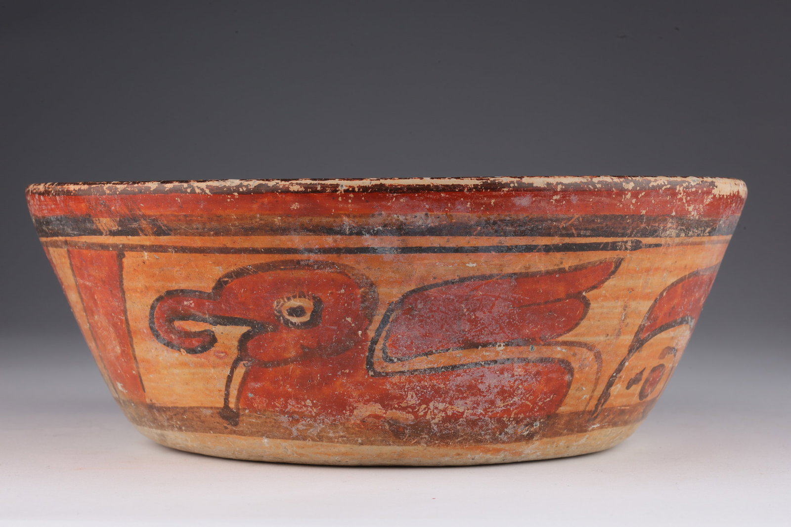 Maya Polychrome Pottery Bowl Decorated with Birds: Maya Polychrome Pottery Bowl Decorated with Birds. Chip to rim, some loss to finish, please see photos. 8 inches diameter x 3 H.