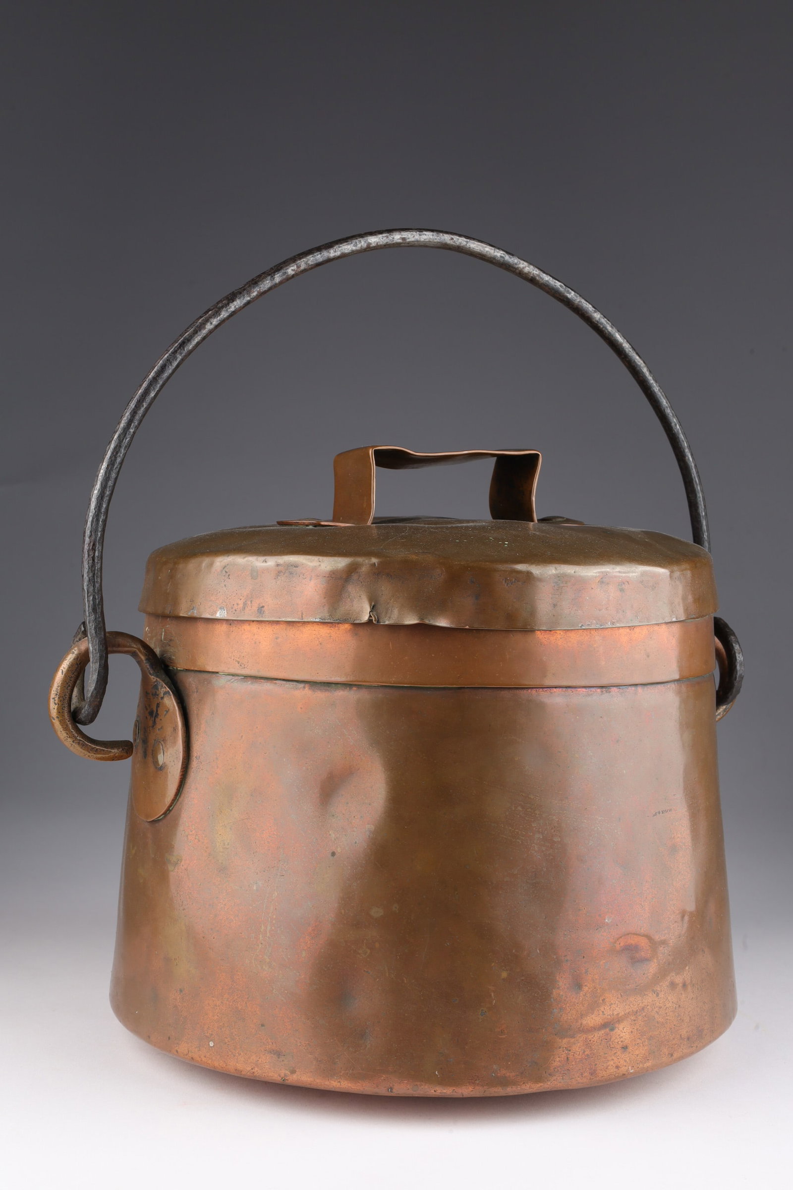 Vintage Antique Copper Lidded Bucket Iron Handle: Vintage Antique Copper Lidded Bucket with Forged Iron Handle. 8 inches H x 10.5 W, 12 H with handle upright.