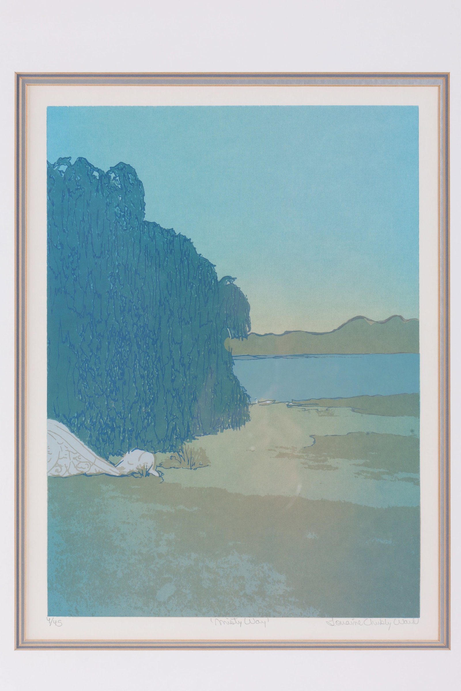 Lorraine Chukly Ward Misty Way Serigraph 4/45: Lorraine Chukly Ward Misty Way Serigraph 4/45. Measures 14 inches H x 10.5 W within matting. Frame measures 22 x 17.5 inches.