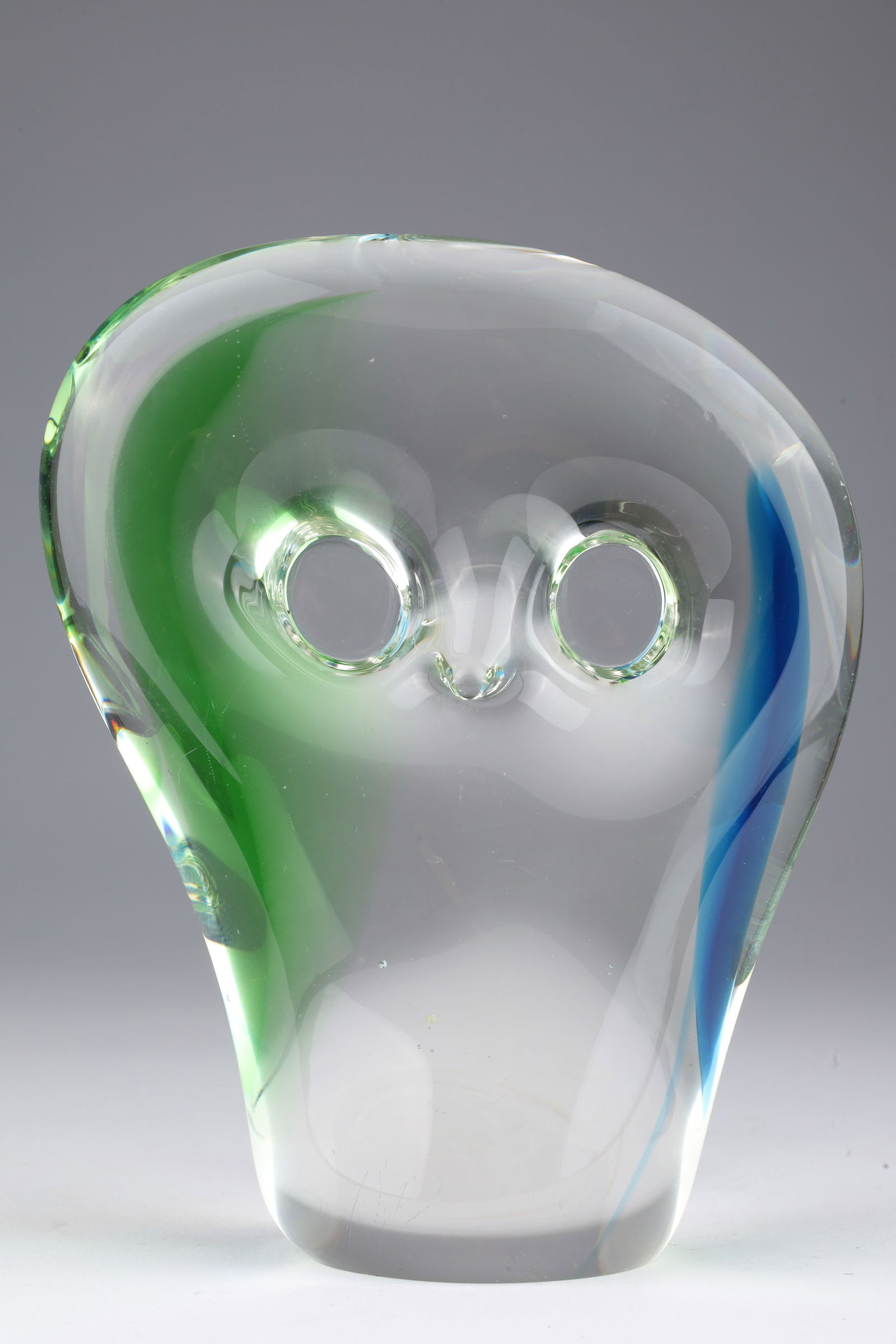 Rare Signed Chalet Glass Owl Ghost Figure: Rare Signed Chalet Glass Owl Ghost Figure, with blue / green colour combination. 6 inches H x 5 W.