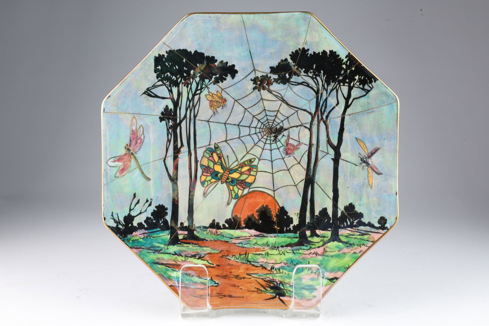 Grimwades Byzanta Luster Compote Spider Web Bugs: Grimwades Byzanta Ware Blue Luster Halloween Spider Web and Insects Footed Bowl by Grimswade Stroke on Trent England. 9.5 inches diameter x 3 H.