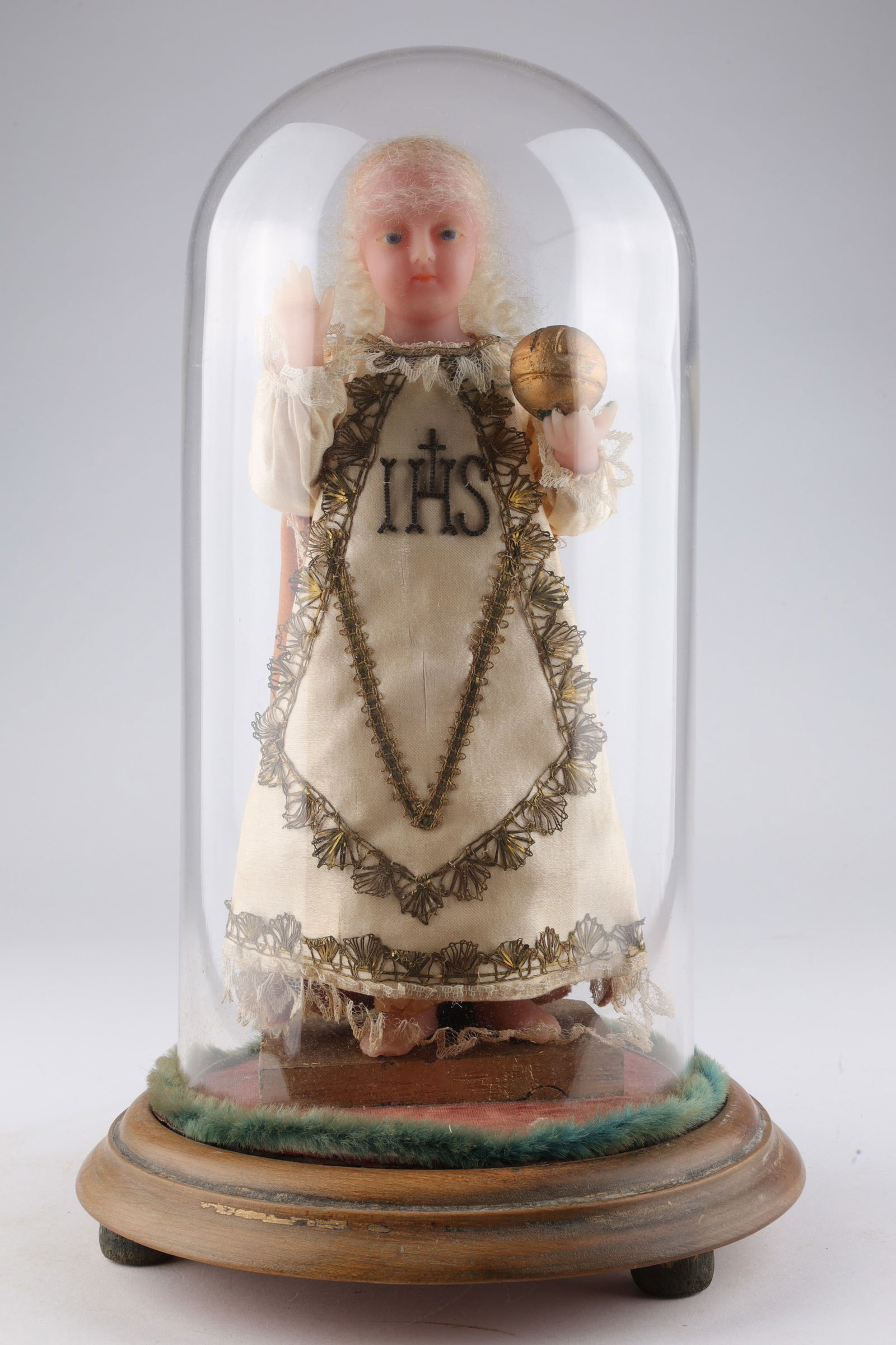 Large Baby Jesus of Prague Wax Doll in Glass Dome: Large Baby Jesus of Prague Wax Doll in Glass Dome. 13 inches H x 7 W.