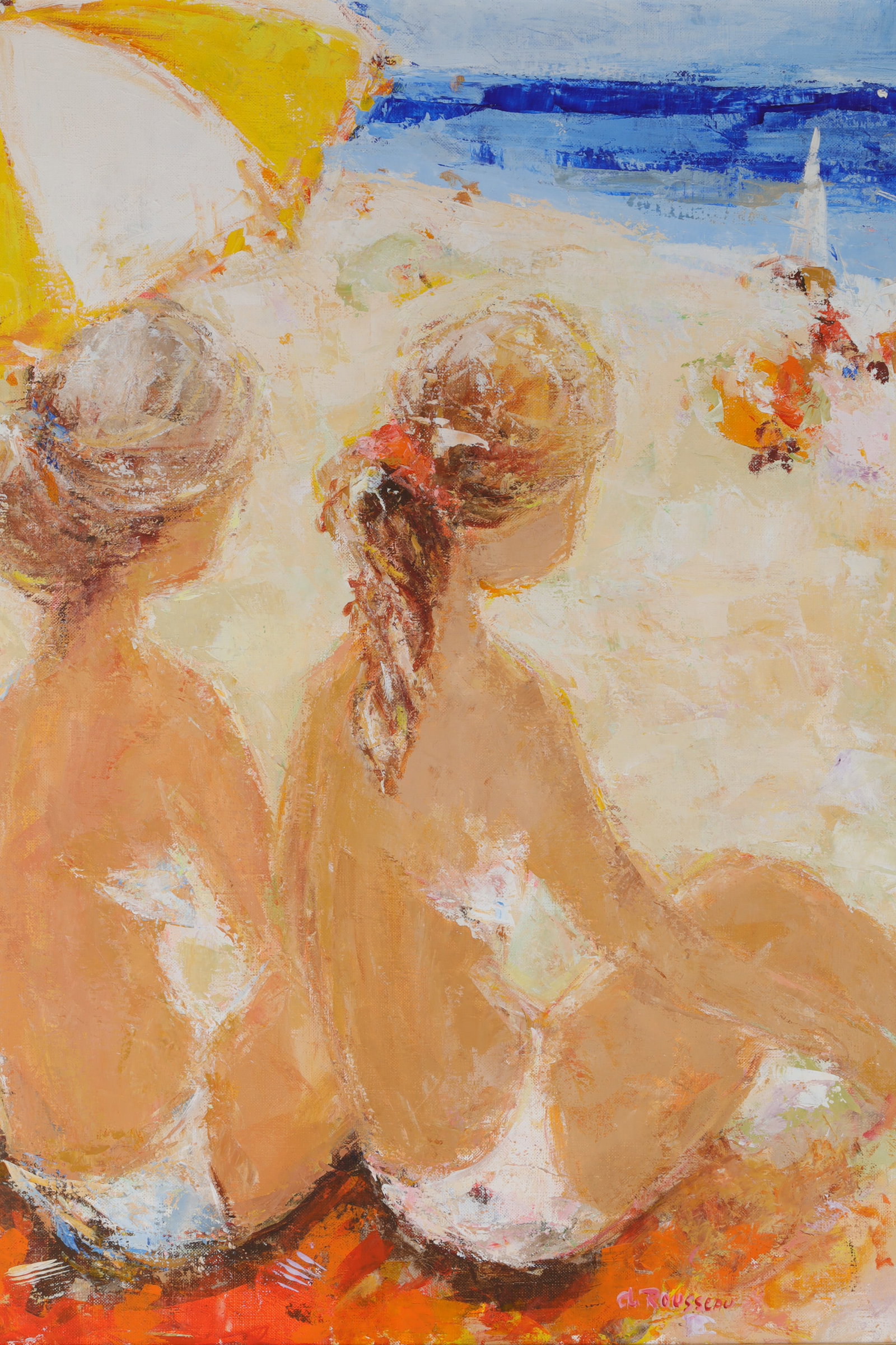 Alain Rousseau Oil Painting Girls at the Beach: Alain Rousseau (French, 1926- ) Impressionist Oil Painting, Girls at the Beach. Signed lower left. Canvas measures 25.5 inches H x 21.25 W, frame measures 33 inches H x 28.5 W.