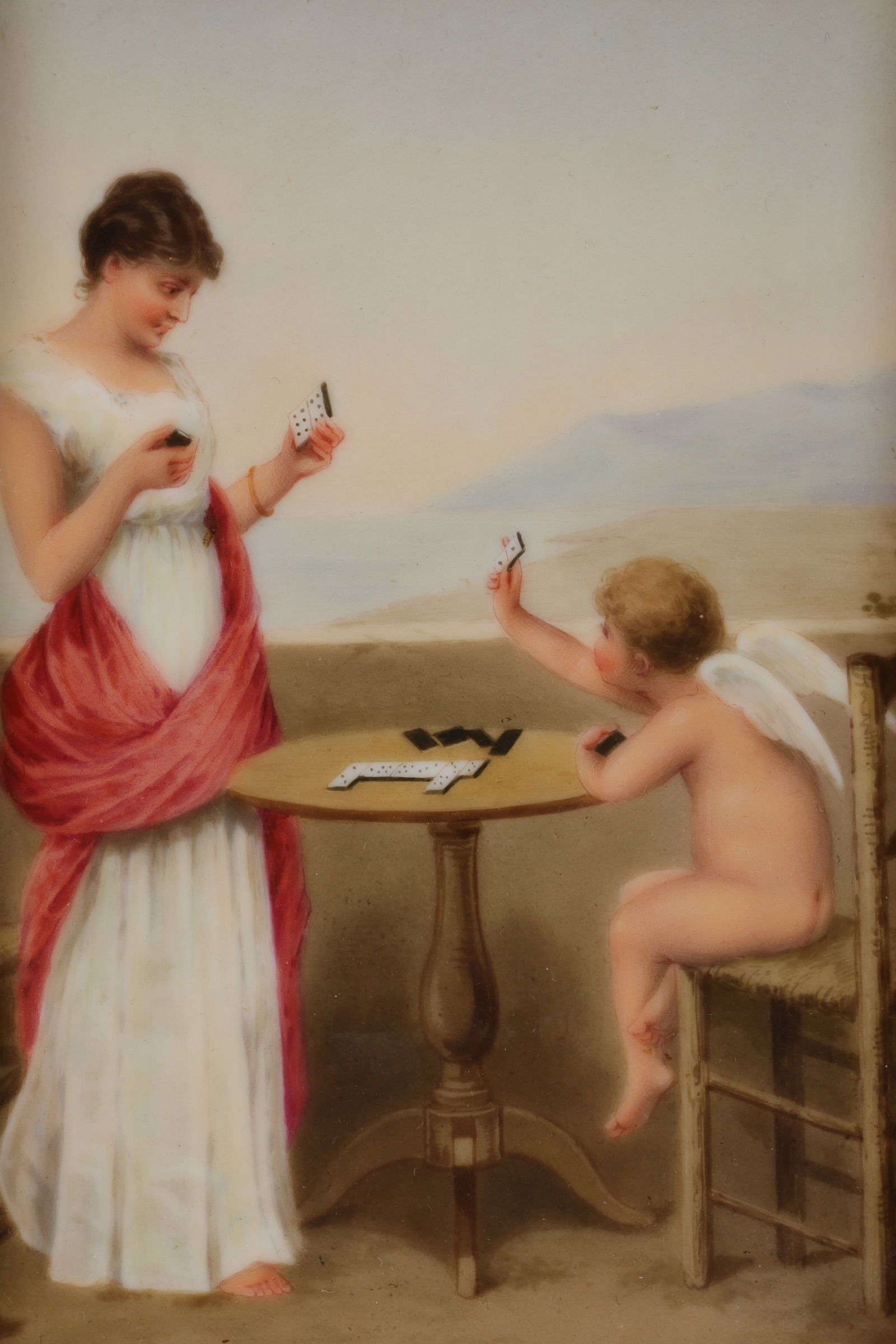 19th C KPM Plaque Cupid, Maiden Playing Dominoes: 19th C KPM Painted Porcelain Plaque, Cupid and Maiden Playing Dominoes. Marked on verso 107. Plaque measures 5.75 inches H x 4 W, frame measures 9.5 inches H x 8 W.