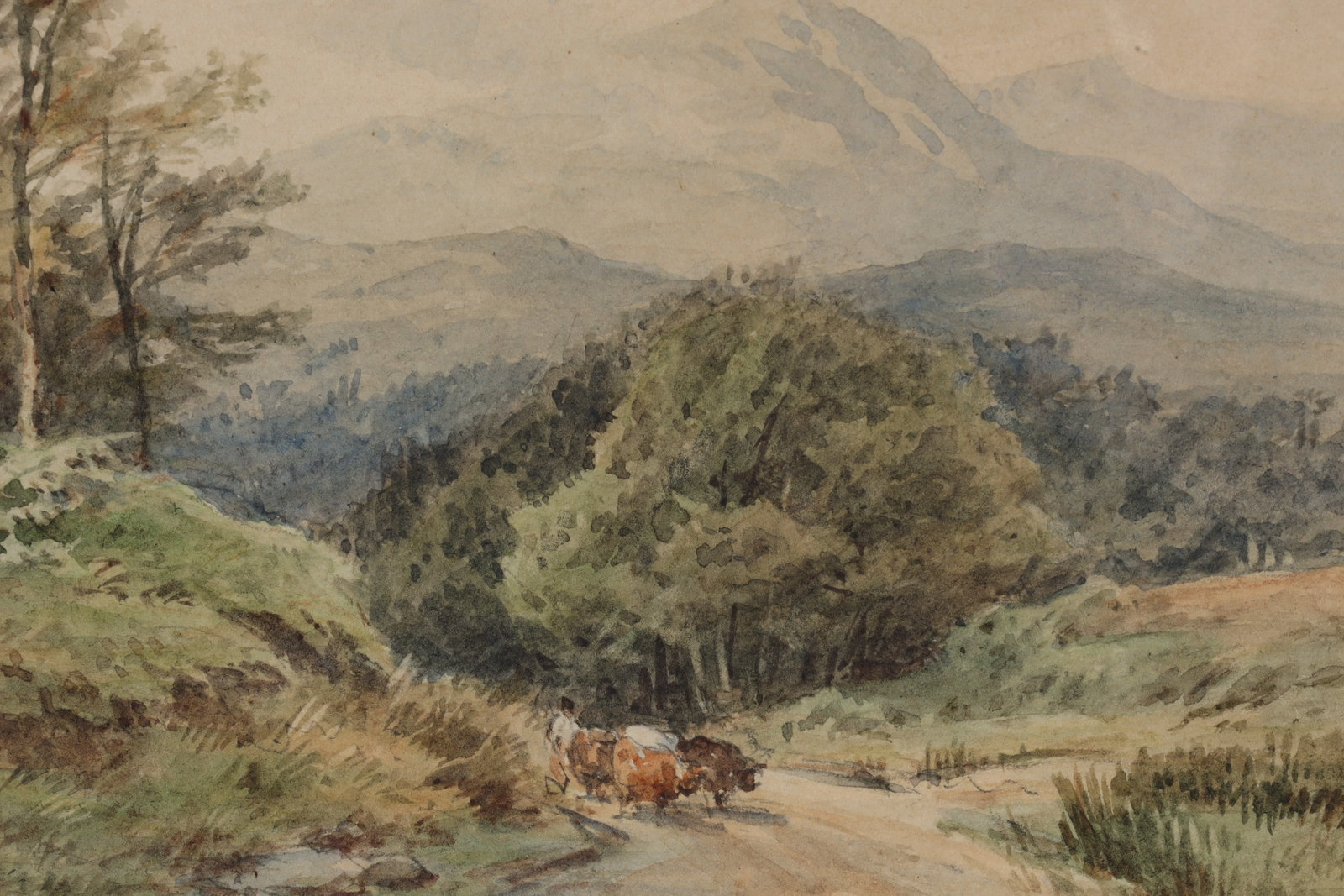 F. G. Reynolds Watercolour Landscape with Cattle: Frederick George Reynolds (English, 1828 – 1921) Watercolour Scottish Mountain Landscape with Cattle, Ben Lomond. Monogrammed lower left. Paper measures 5 inches H x 6.25 W, frame measures 11 inches
