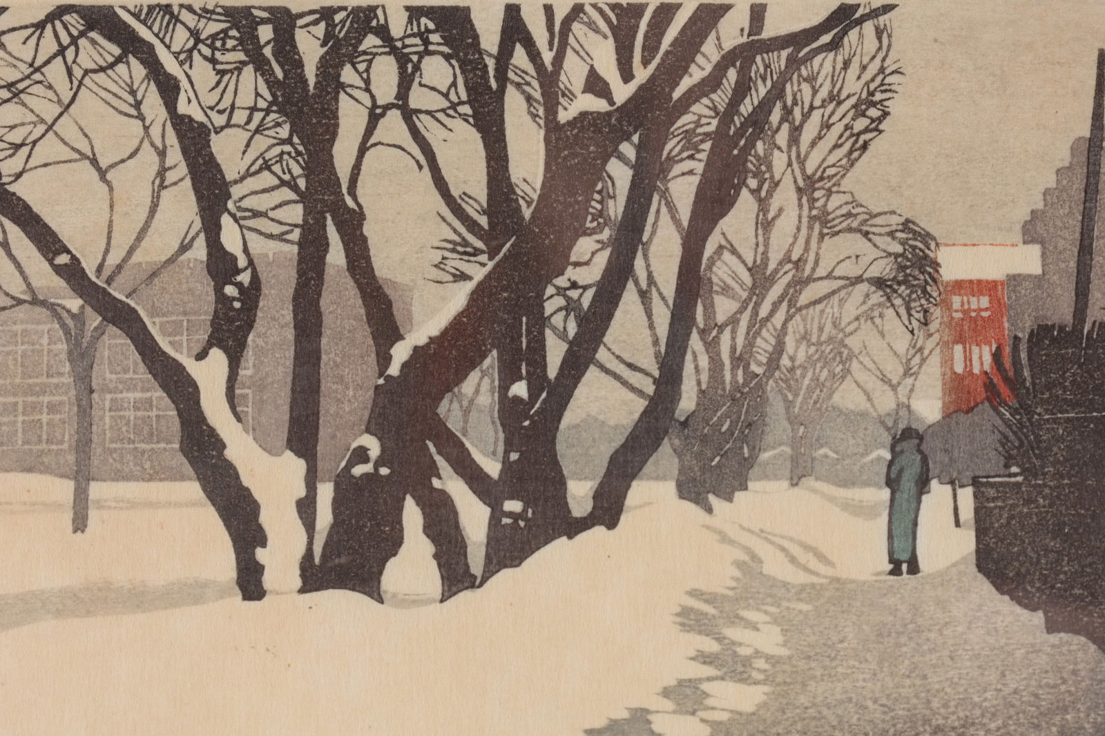 Walter Joseph Phillips Colour Woodcut, Our Street: Walter Joseph Phillips (Canadian, 1884–1963) Colour Woodcut, Our Street 1933. Pencil signed and titled. Monogrammed in print lower right corner. Woodcut measures 3.5 inches H x 6 W, frame measures 1