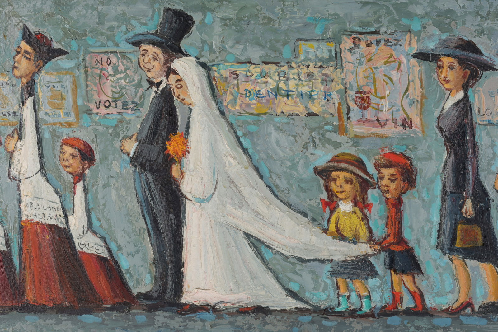 Jean Lareuse France Le Marriage Oil Painting: Jean Lareuse (France, 1925 - 2016) oil on canvas painting entitled Le Mariage, set in red stained wood frame, signed lower right side, also signed on back of canvas, partial original paper label attac