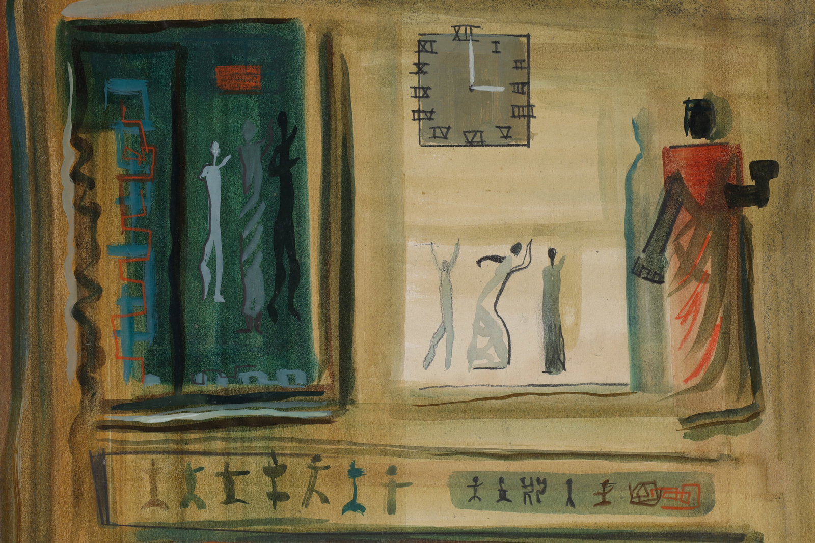 Signed Leo Brisset Abstract Figures Painting: Signed Leo Brisset (Quebec, 20th C) Abstract Modernist Painting, Figures with Clock. Signed and dated lower right corner, cardboard measures 11 x 13 inches.
