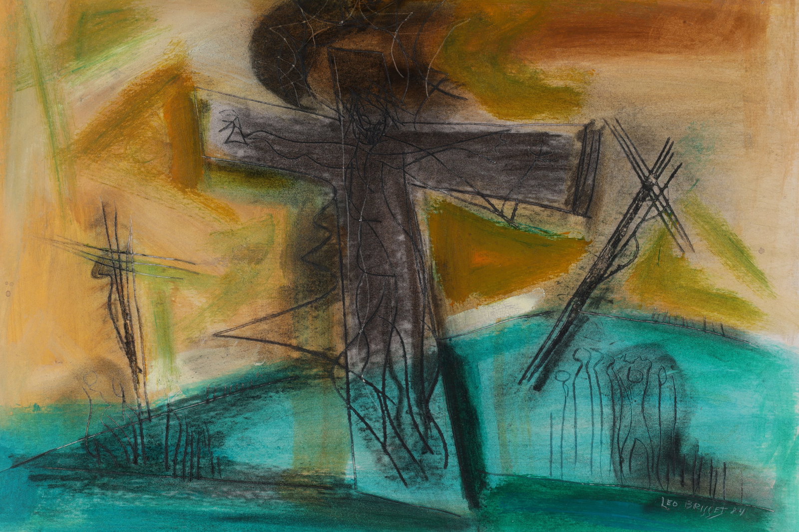 Signed Leo Brisset Modernist Painting Crucifixion: Signed Leo Brisset (Quebec, 20th C) Abstract Modernist Painting, Crucifixion. Signed and dated 1984. Cardboard measures 15 inches H x 20 W.