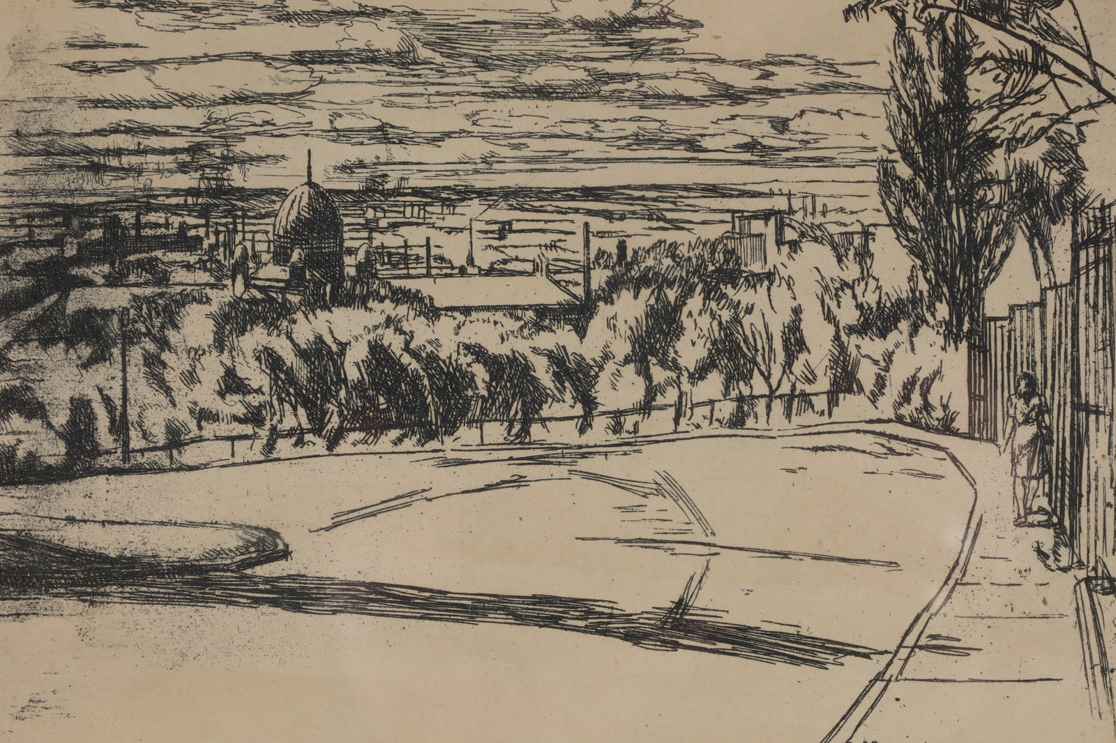 Ernst Neumann Etching Montreal Convent Atwater Ave: Ernst Neumann (Canadian, 1907-1956) Signed Etching Montreal, Titled The Convent from Atwater Ave. Measures 5.5 x 7 inches W within matting, frame measures 11 x 13 inches.