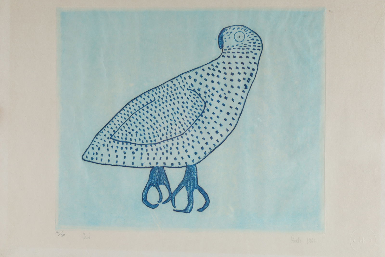 1964 Signed Pauta Saila RCA Inuit Owl Engraving: 1964 Signed Pauta Saila (Kinnagait / Cape Dorset 1916-2009) RCA Inuit Owl Engraving. Signed and numbered 16/50. Paper measures 12.5 x 17.5 inches W, frame measures 16.5 x 19.5 inches.