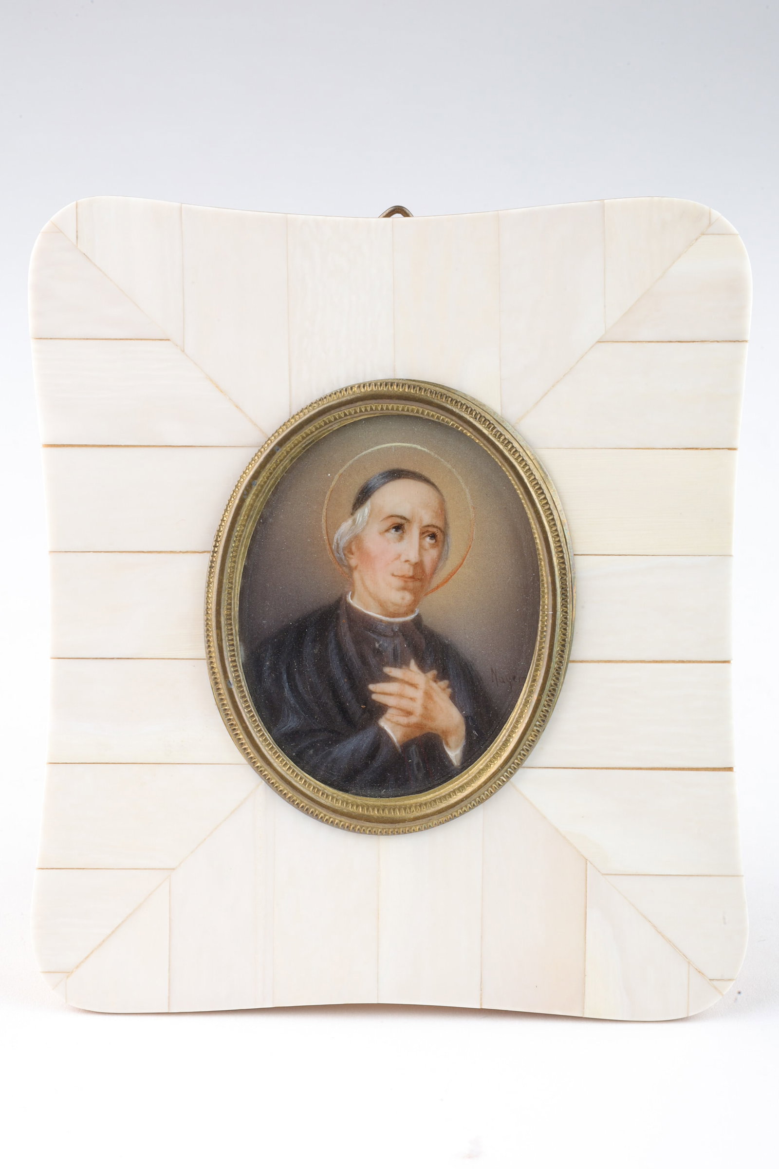 Miniature Painting Portrait San Giuseppe Benedetto: Miniature Painting Portrait Of San Giuseppe Benedetto Cottolengo, Signed Nayer. In decorative bone frame. Portrait measures 2 inches H x 1.5 W, frame measures 4 x 3.5 inches.