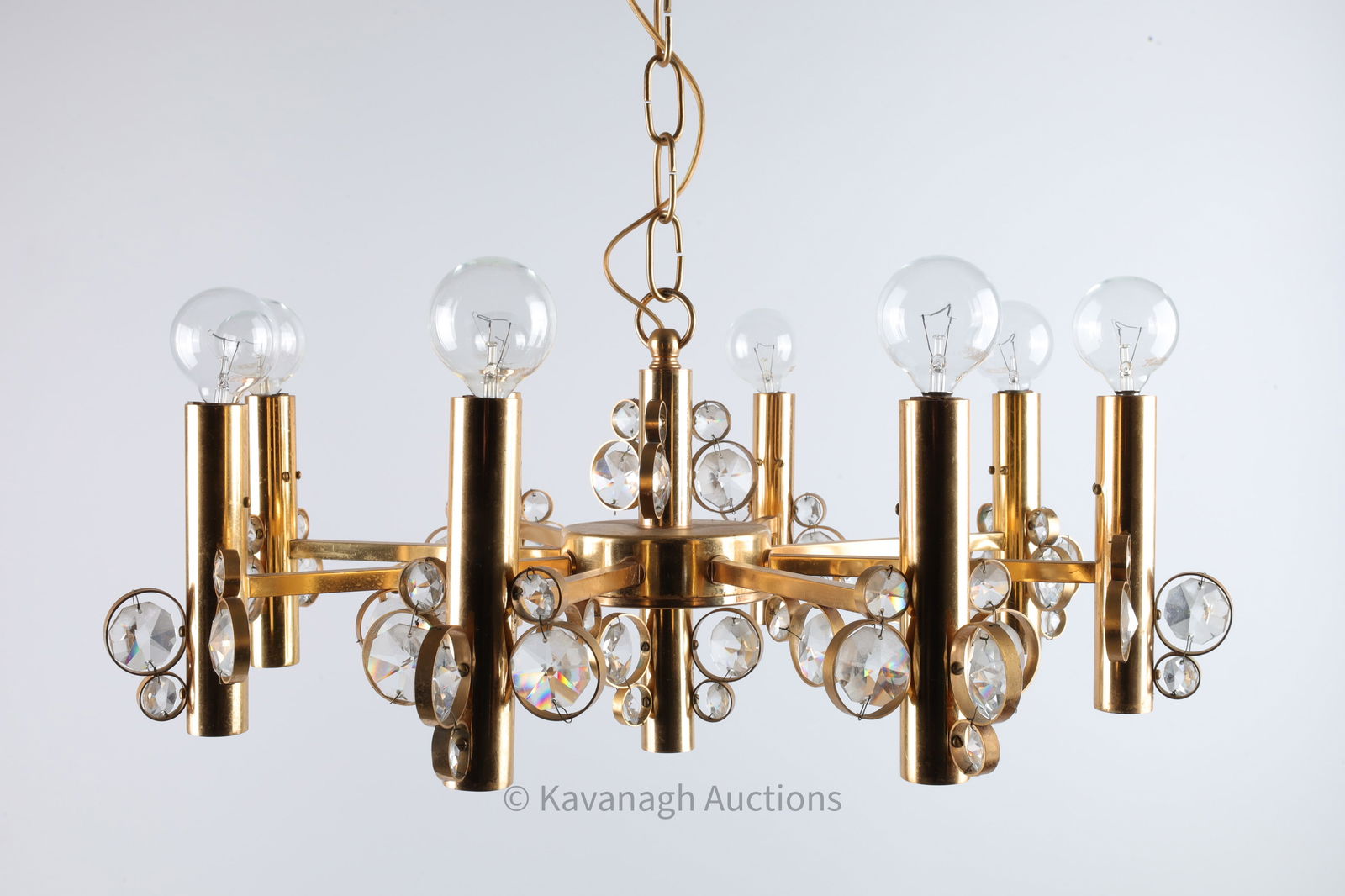1970s Brass and Crystal Chandelier / Att. Palwa (1 of 4)