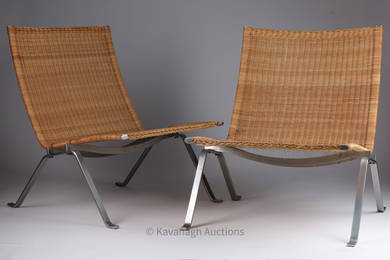 Pair Poul Kjaerholm PK-22 E. Kold Christensen Steel and Cane Lounge Chairs