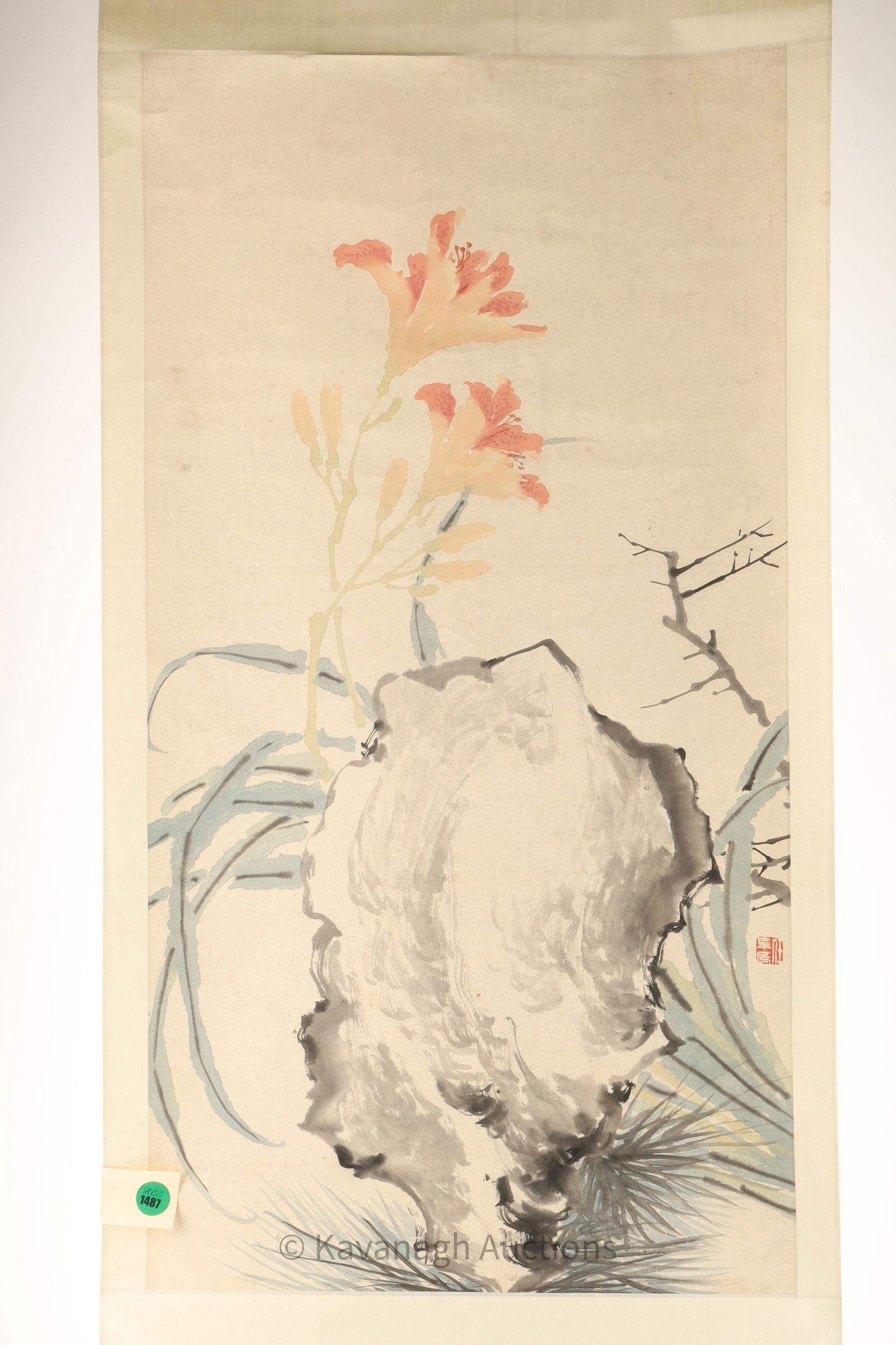 Antique Signed Chinese or Japanese Scroll Painting, Lilies (1 of 5)