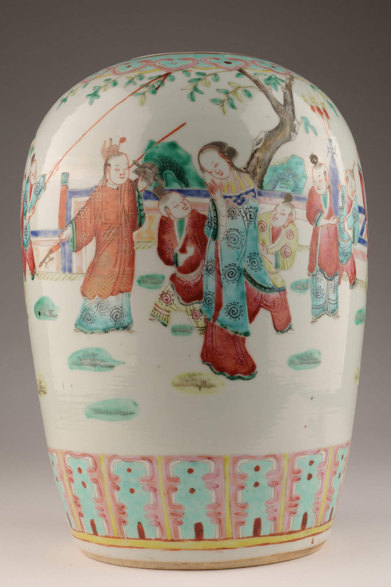 Antique Chinese Famille Rose Porcelain Ginger Jar: Antique Chinese Famille Rose Enameled Porcelain Ginger Jar decorated with a woman and children playing. Lid missing finial, chip to rim restored. 12 inches H x 7 W.