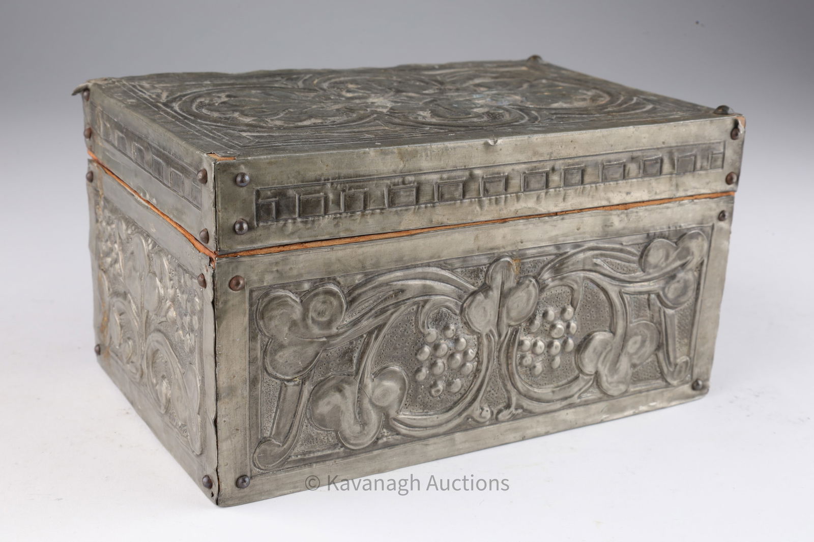 Antique Art Nouveau Pewter Repousse Lidded Box: Antique Art Nouveau Pewter Repousse Lidded Box. 6.5 inches L x 4 W x 3.25 H.