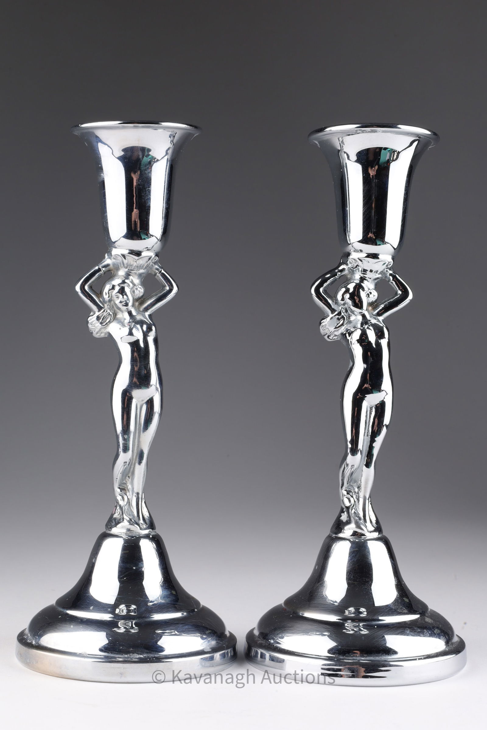 Farber Bros. New York Chrome Nude Candlesticks: Art Deco Style Farber Brothers New York Krome Kraft pair of Female nude candlesticks. 8.5 inches H.