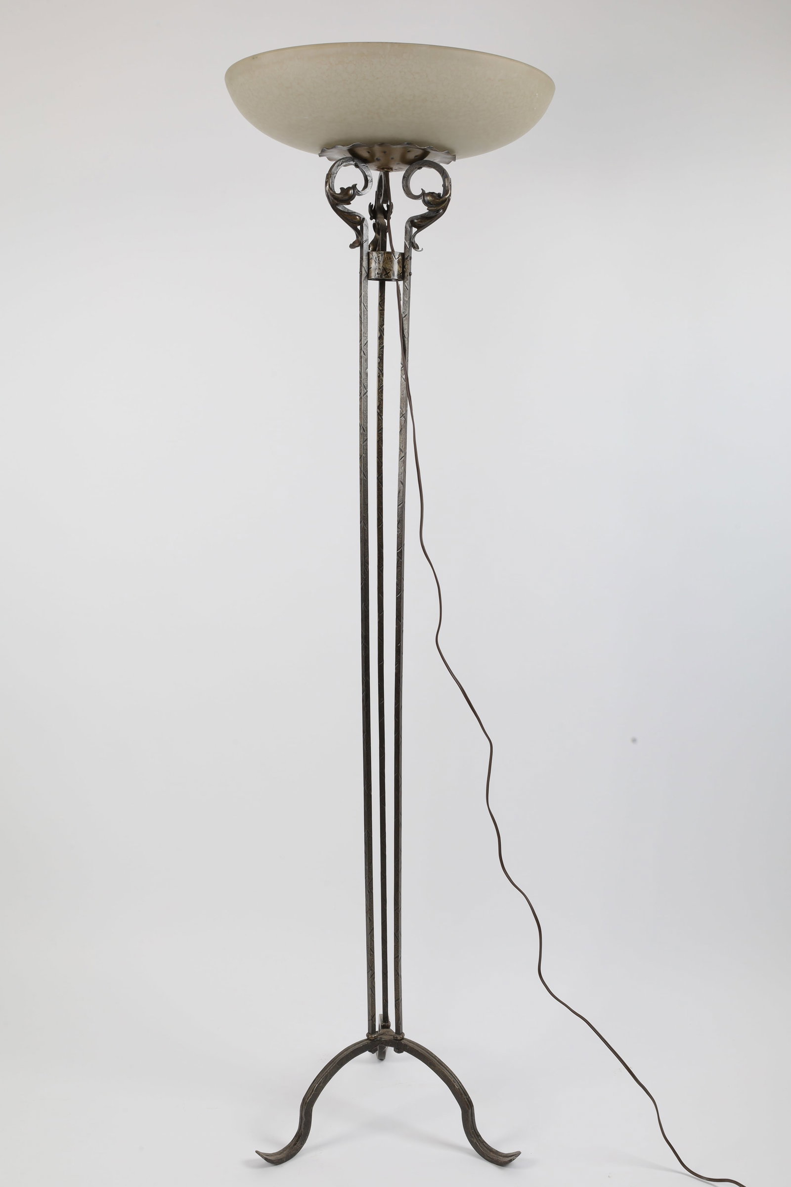 Spanish Style Tall Wrought Iron Floor Lamp: Spanish Style Tall Wrought Iron Floor Lamp with glass shade. 66 inches H x 19 diameter.