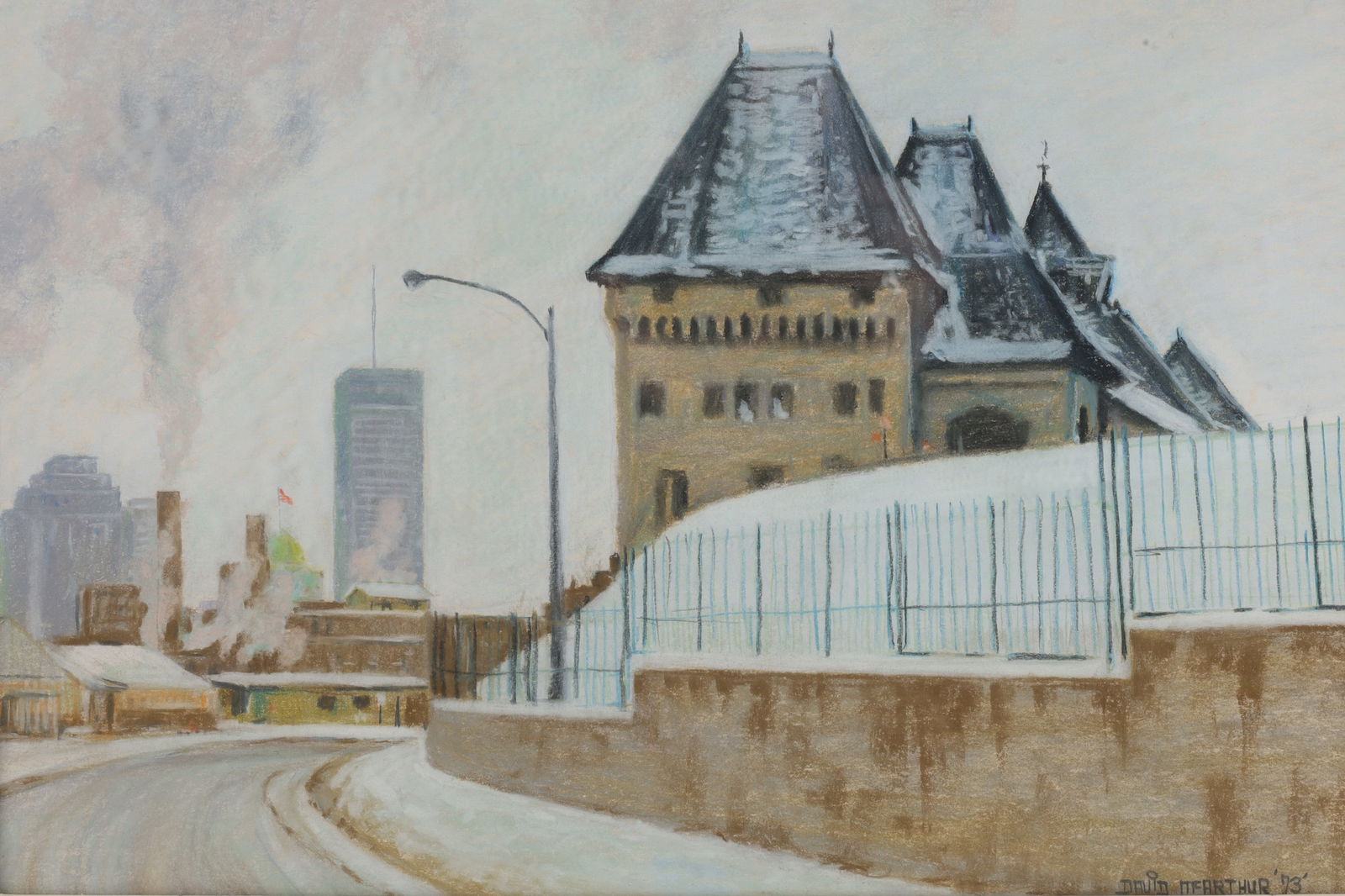 David McArthur Drawing McTavish Reservoir McGill: David McArthur (Canada, 1949 - 2008) original pastel drawing showing the McTavish Reservoir at McGill University with buildings from Montreal downtown in the background, signed and dated lower right s