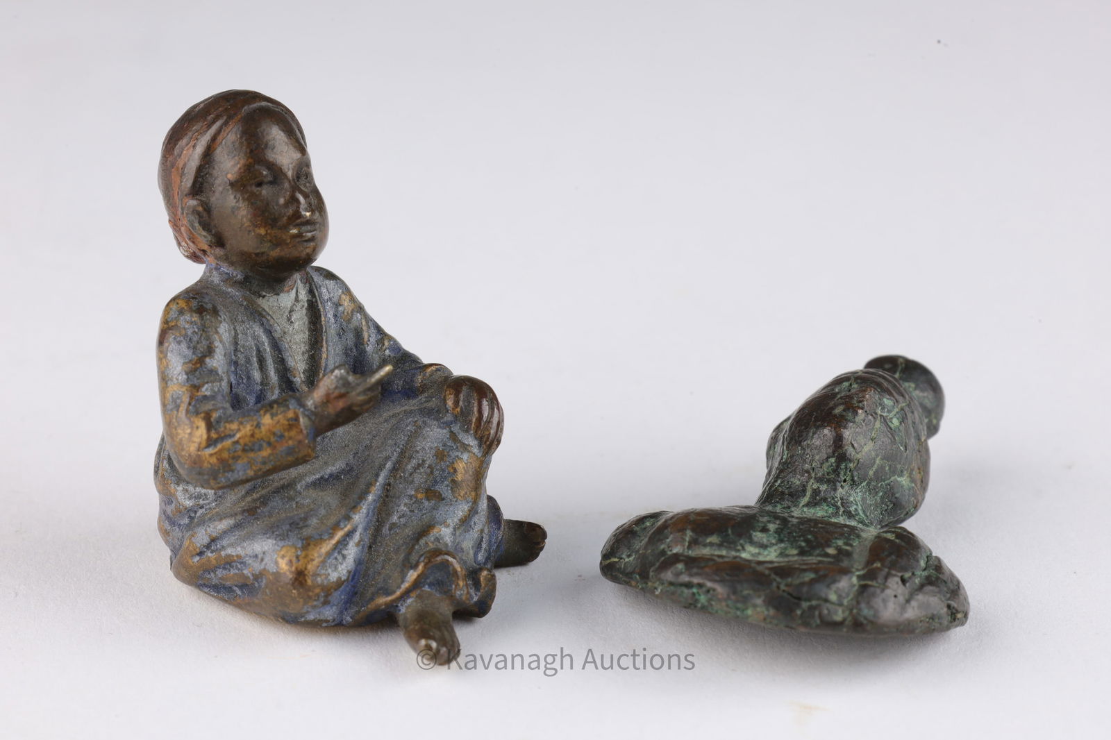 Two Antique Bronze Figures, Seated Boy and Bust (1 of 9)