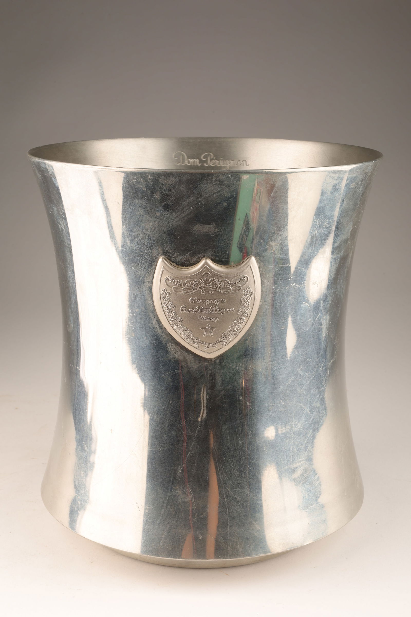 Dom Perignon Szekely Pewter Champagne Ice Bucket: Dom Perignon Martin Szekely Pewter Champagne Cooler / Ice Bucket. 8.75 inches H x 8 diameter.